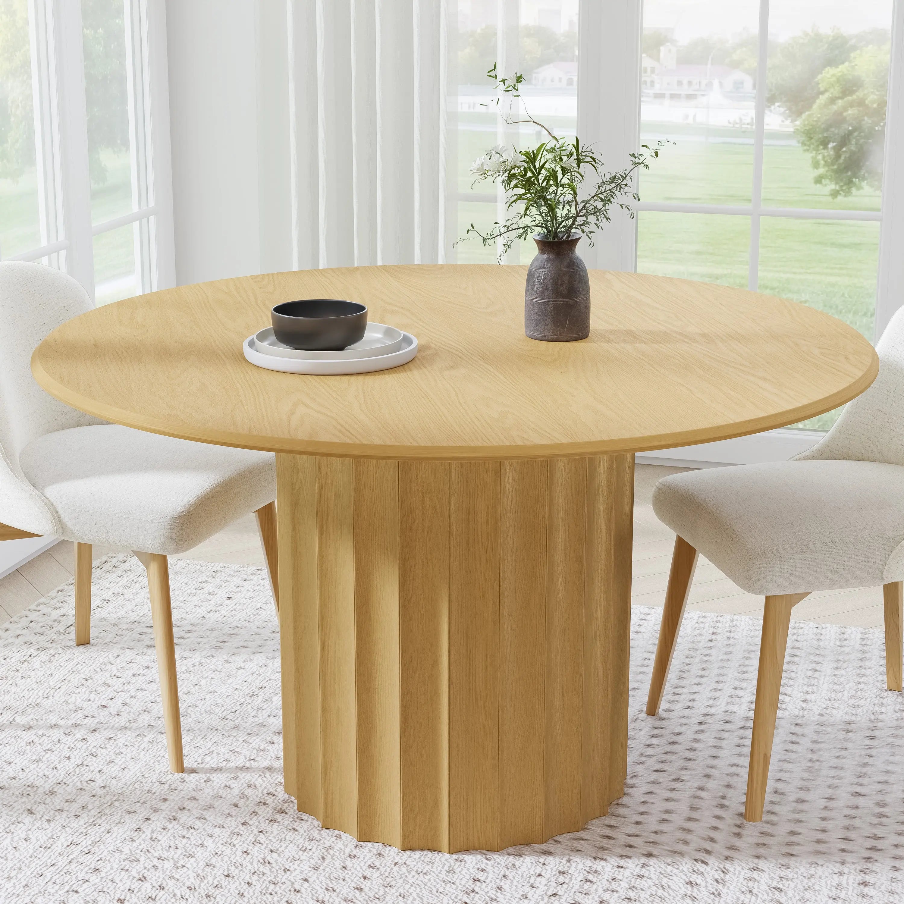 52" Natural Solid Wood Pedestal Base Round Top Dining Table Homeroots Kitchen & Dining
