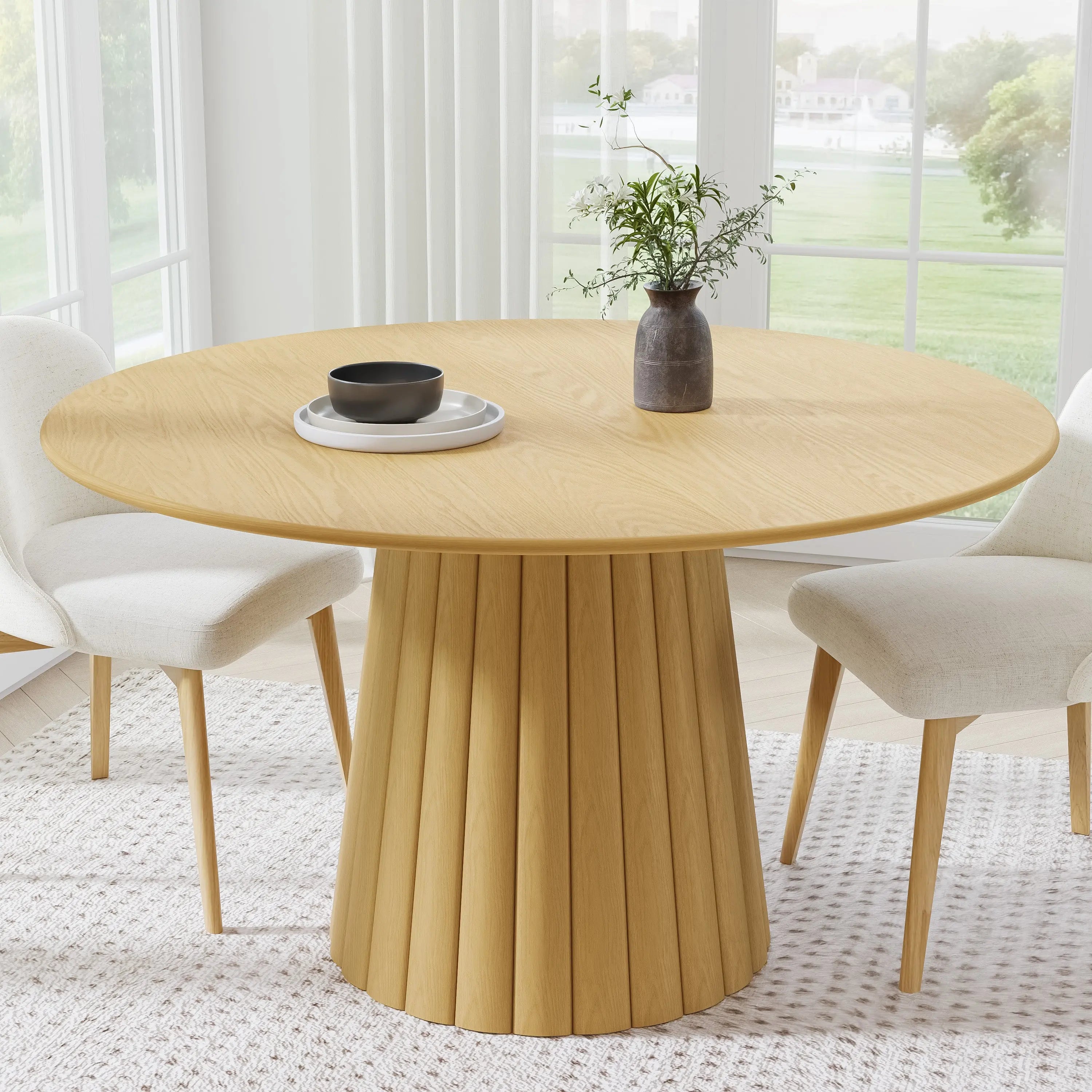 52" Natural Solid Wood Pedestal Base Round Top Dining Table Homeroots Kitchen & Dining