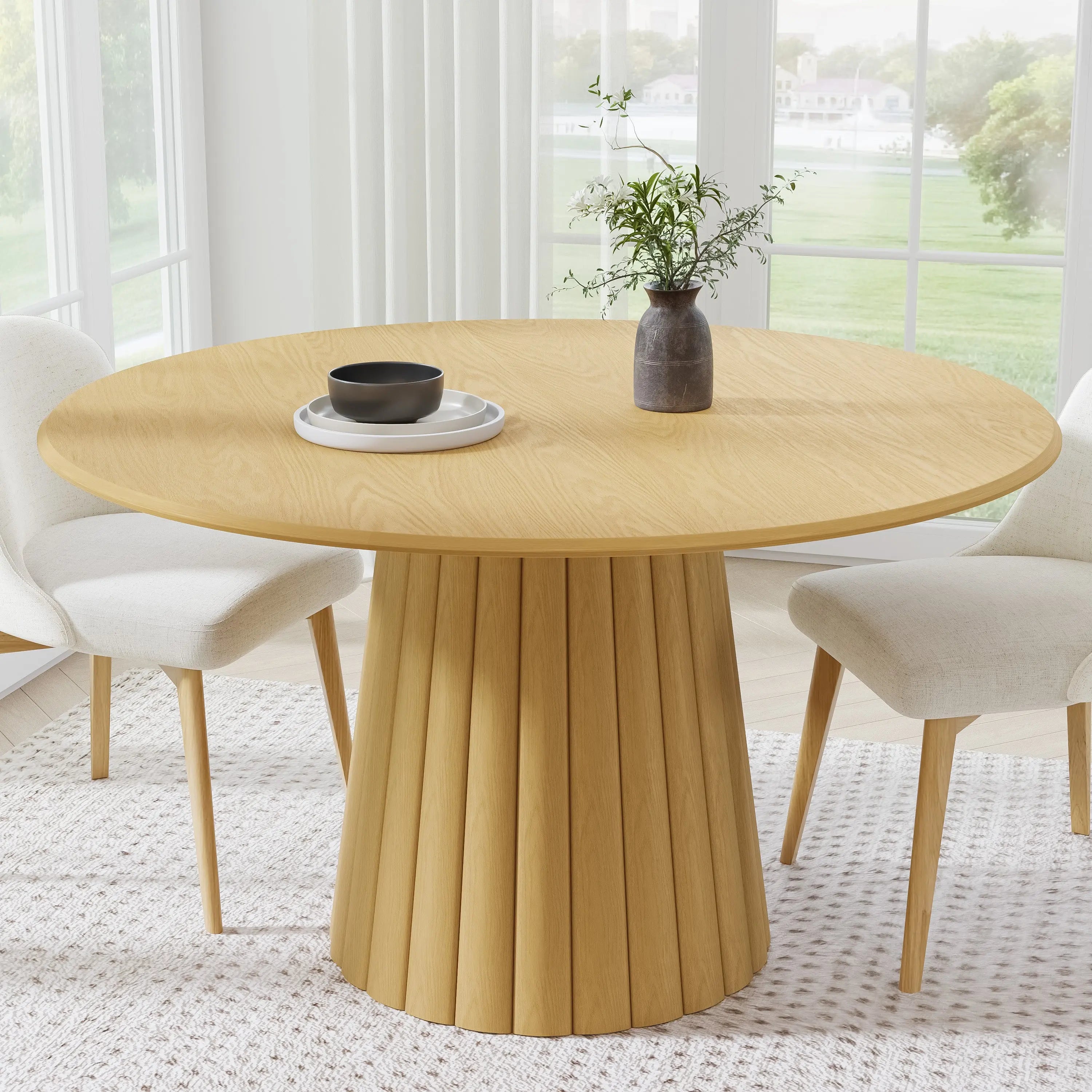 52" Natural Solid Wood Pedestal Base Round Top Dining Table Homeroots Kitchen & Dining