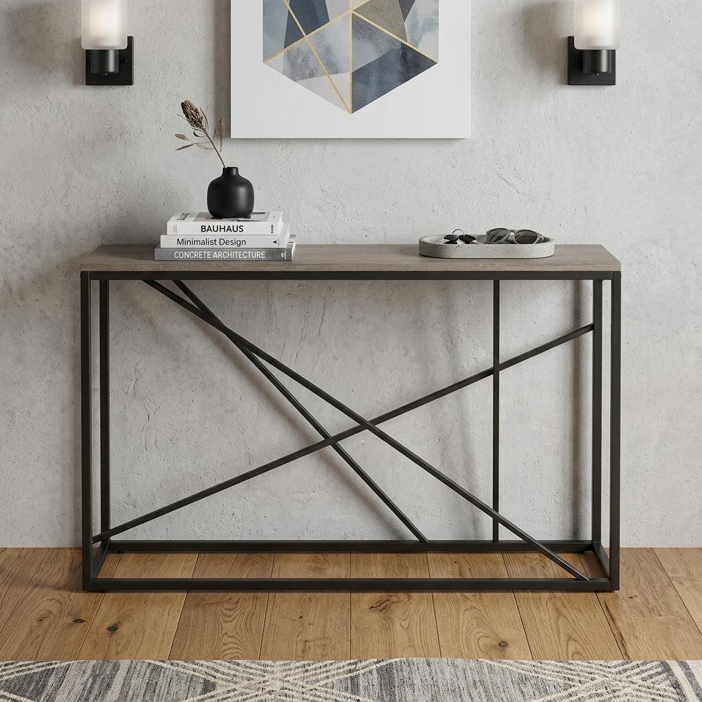 52" Taupe and Gray Faux Stone Frame Console Table Homeroots Living Room