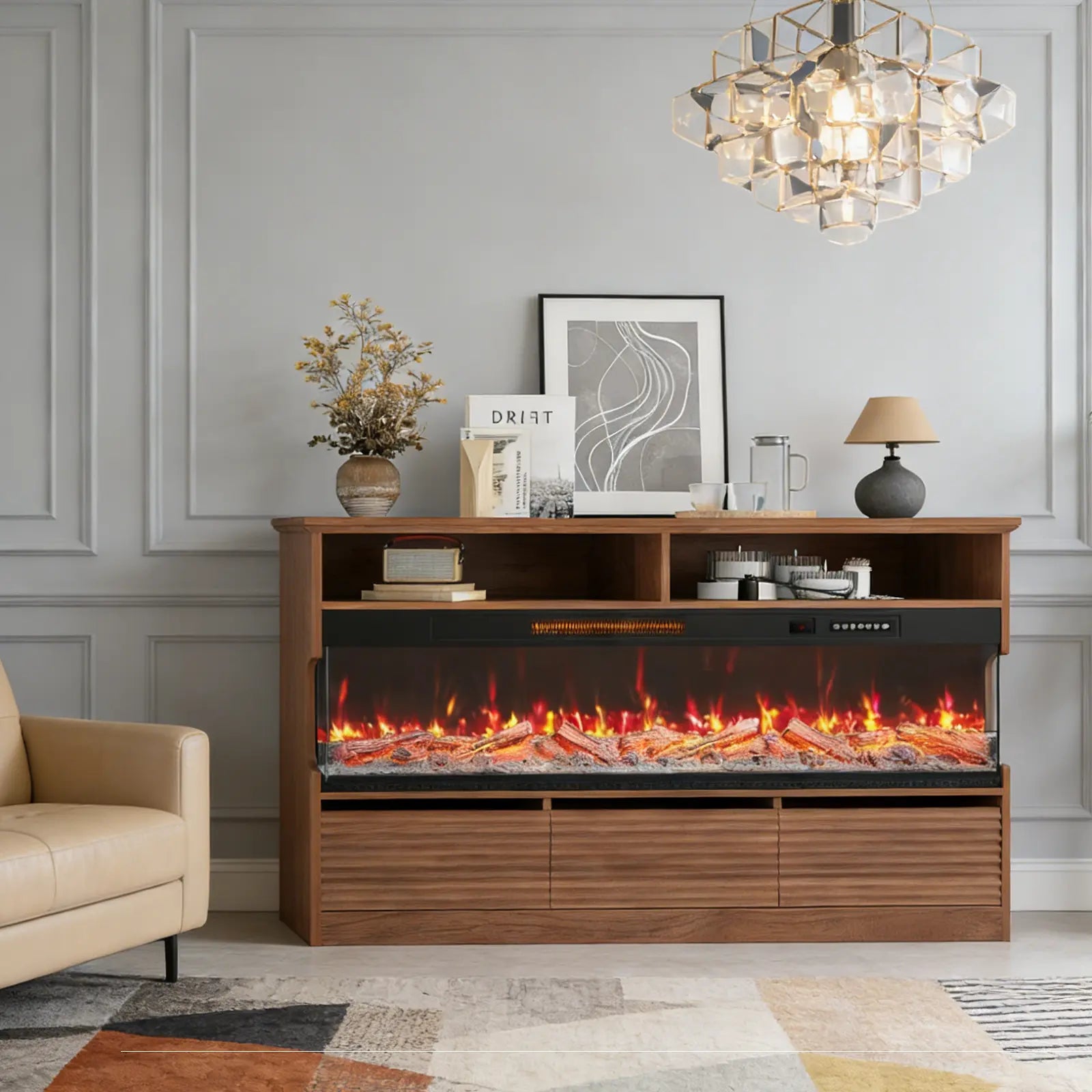 53" Brown Wood Fireplace Entertainment Center With Fireplace Homeroots Living Room