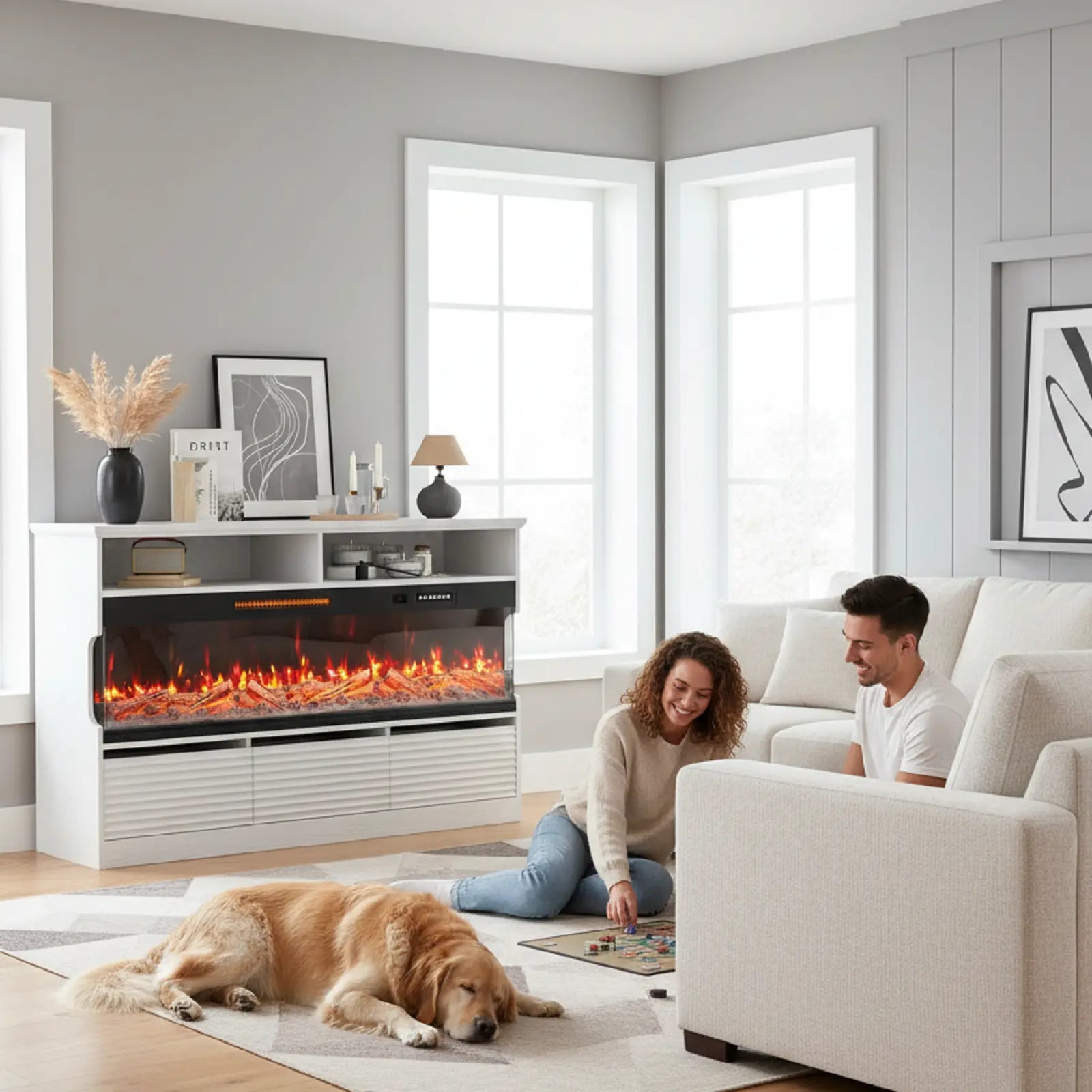 53" White Wood Fireplace Entertainment Center With Fireplace Homeroots Living Room