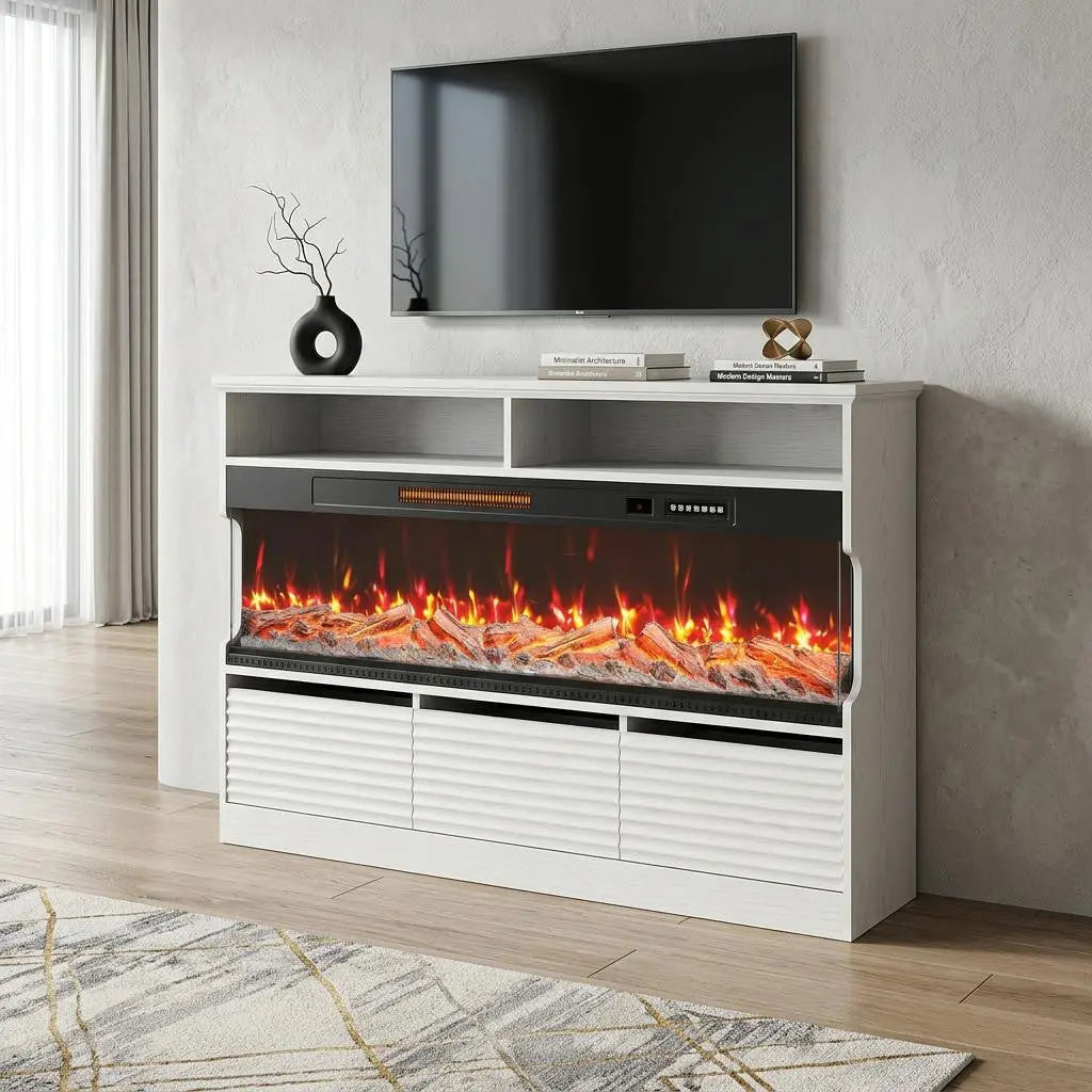 53" White Wood Fireplace Entertainment Center With Fireplace Homeroots Living Room