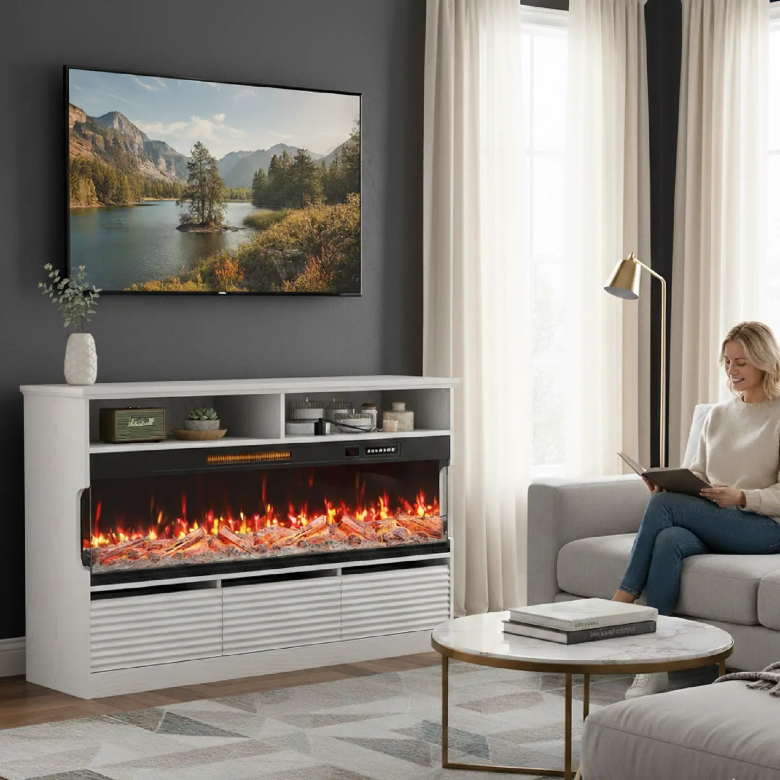 53" White Wood Fireplace Entertainment Center With Fireplace Homeroots Living Room