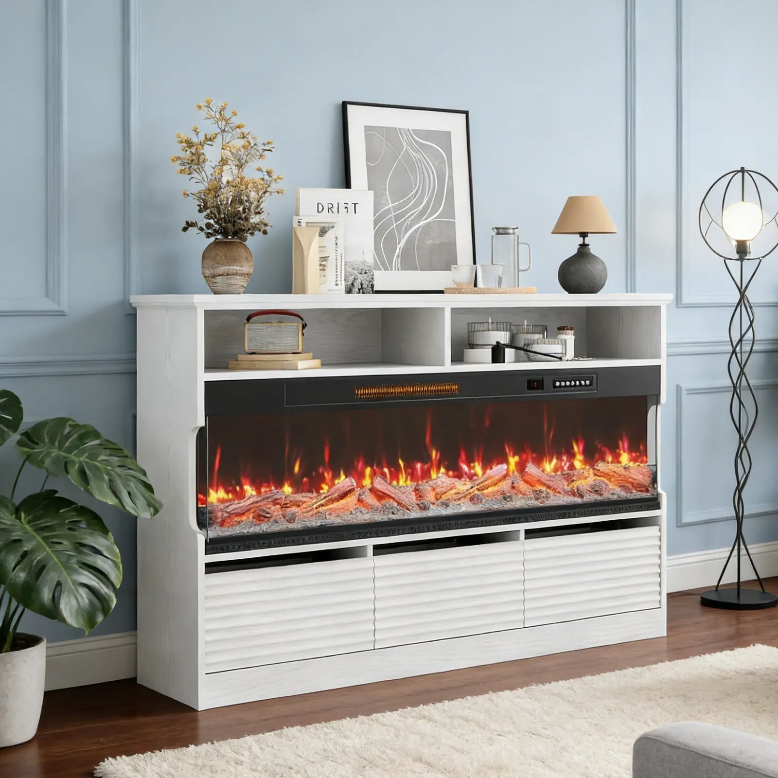 53" White Wood Fireplace Entertainment Center With Fireplace Homeroots Living Room
