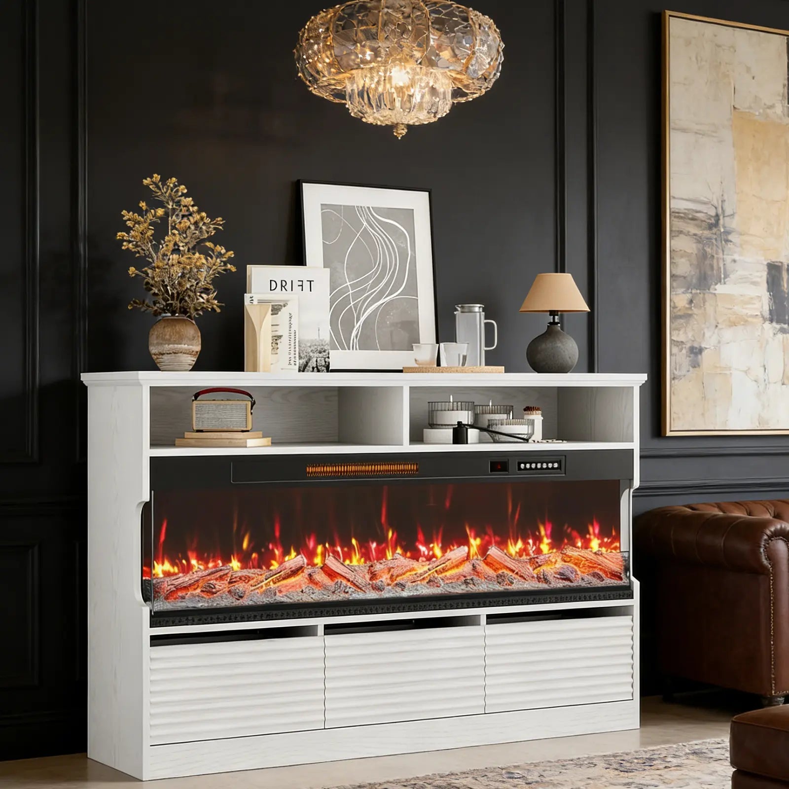 53" White Wood Fireplace Entertainment Center With Fireplace Homeroots Living Room
