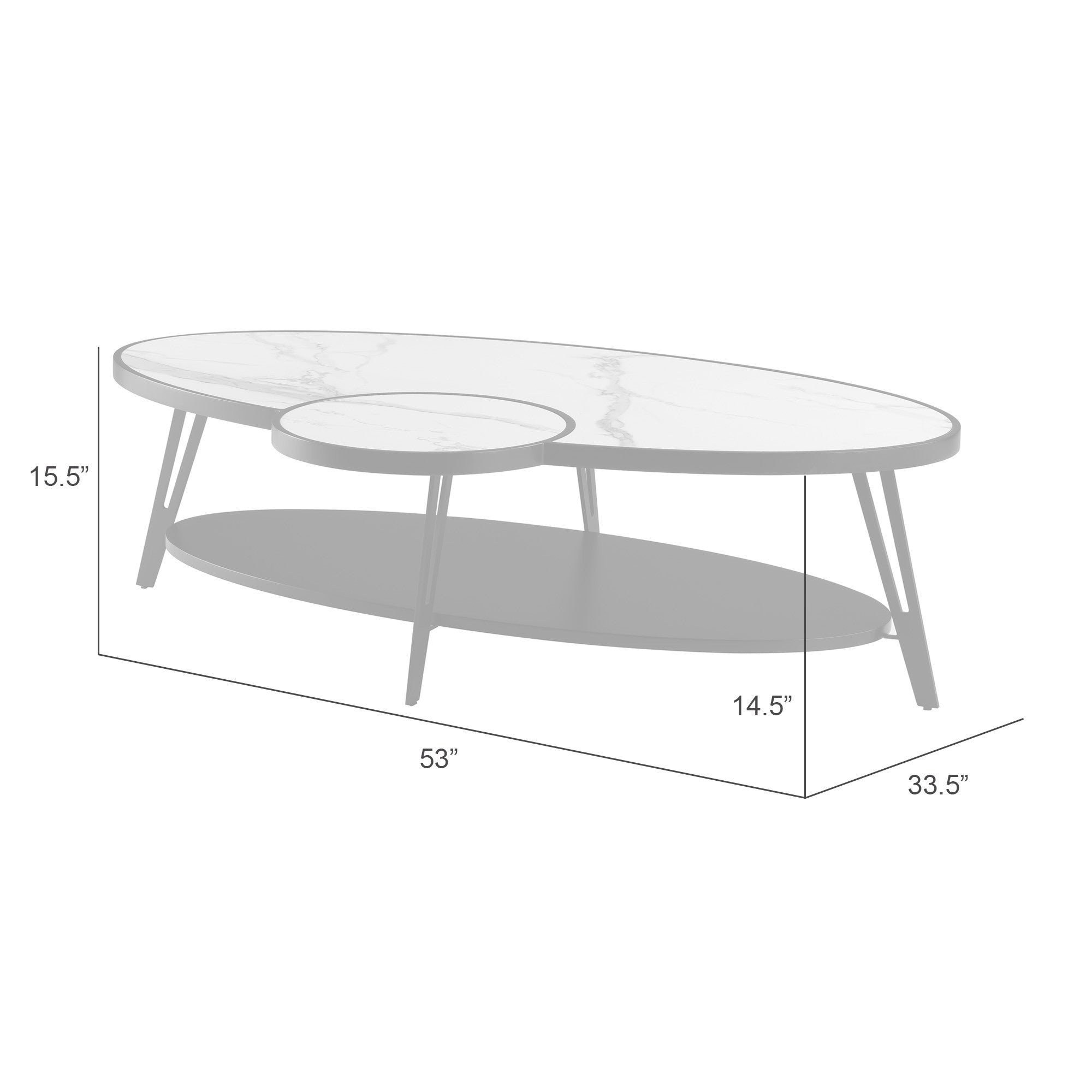 53" White and Black Sintered Stone and Iron Oval Coffee Table With Shelf - GreatEagleInc