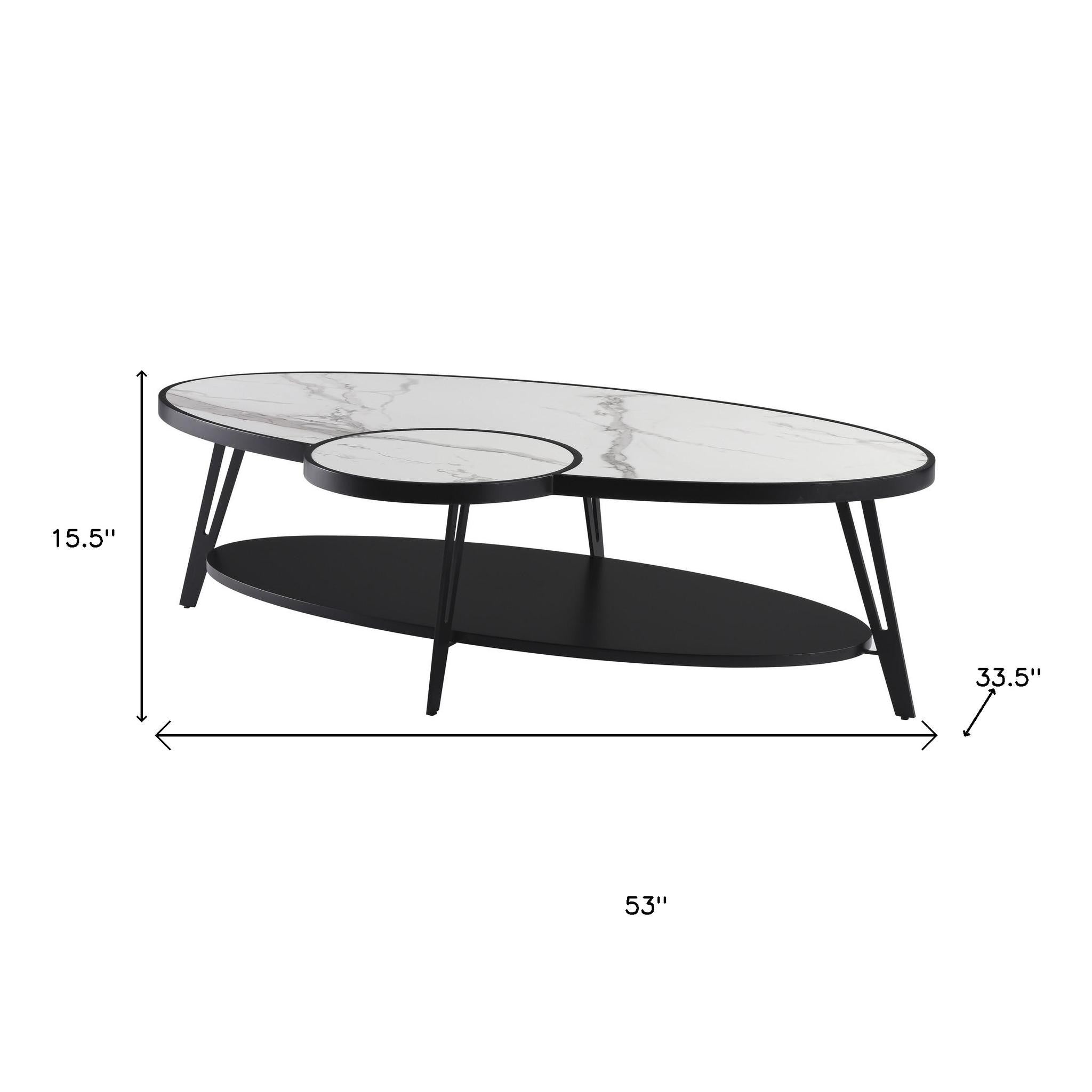 53" White and Black Sintered Stone and Iron Oval Coffee Table With Shelf - GreatEagleInc