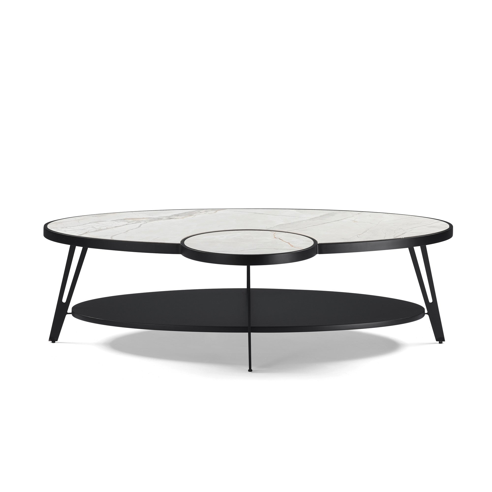 53" White and Black Sintered Stone and Iron Oval Coffee Table With Shelf - GreatEagleInc