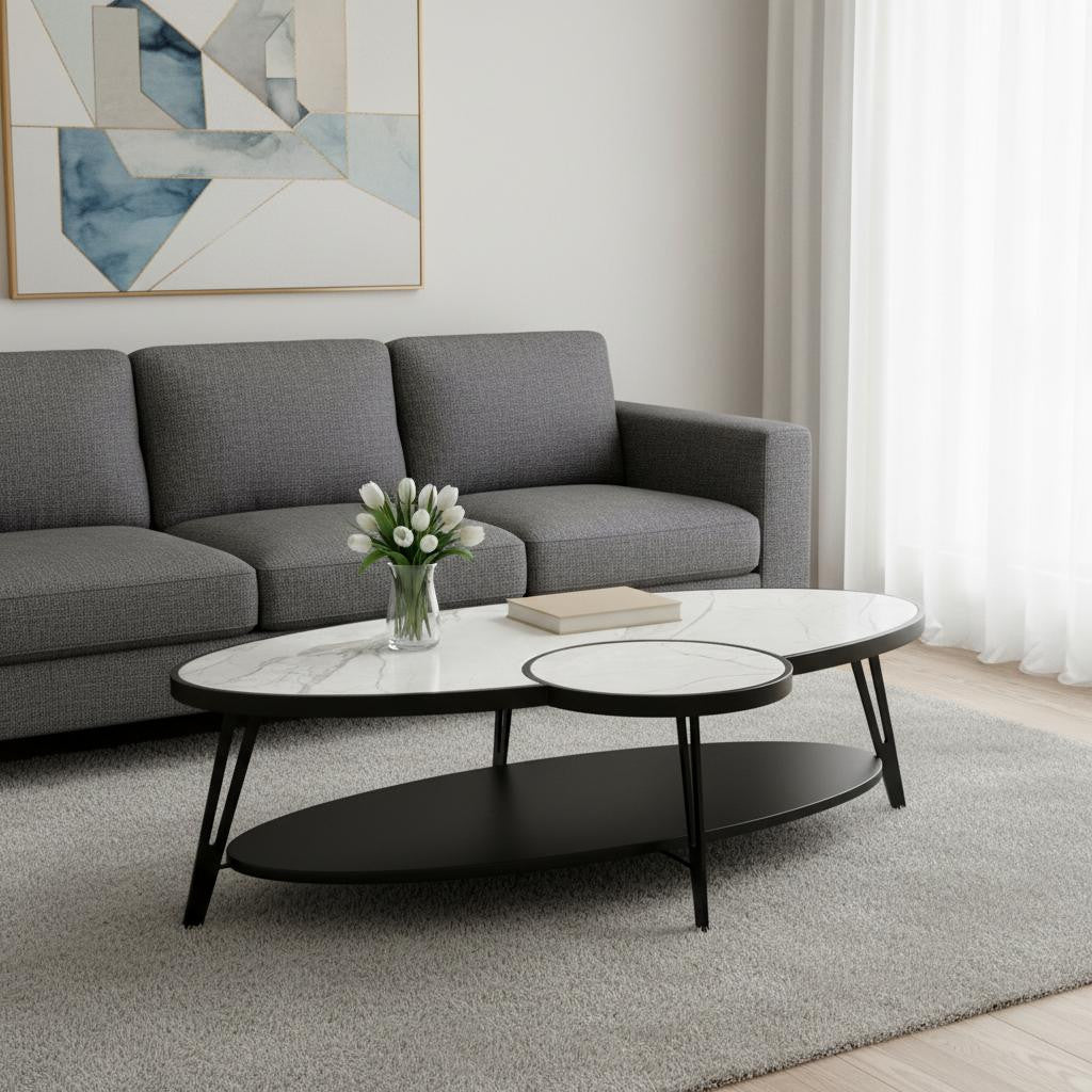 53" White and Black Sintered Stone and Iron Oval Coffee Table With Shelf - GreatEagleInc