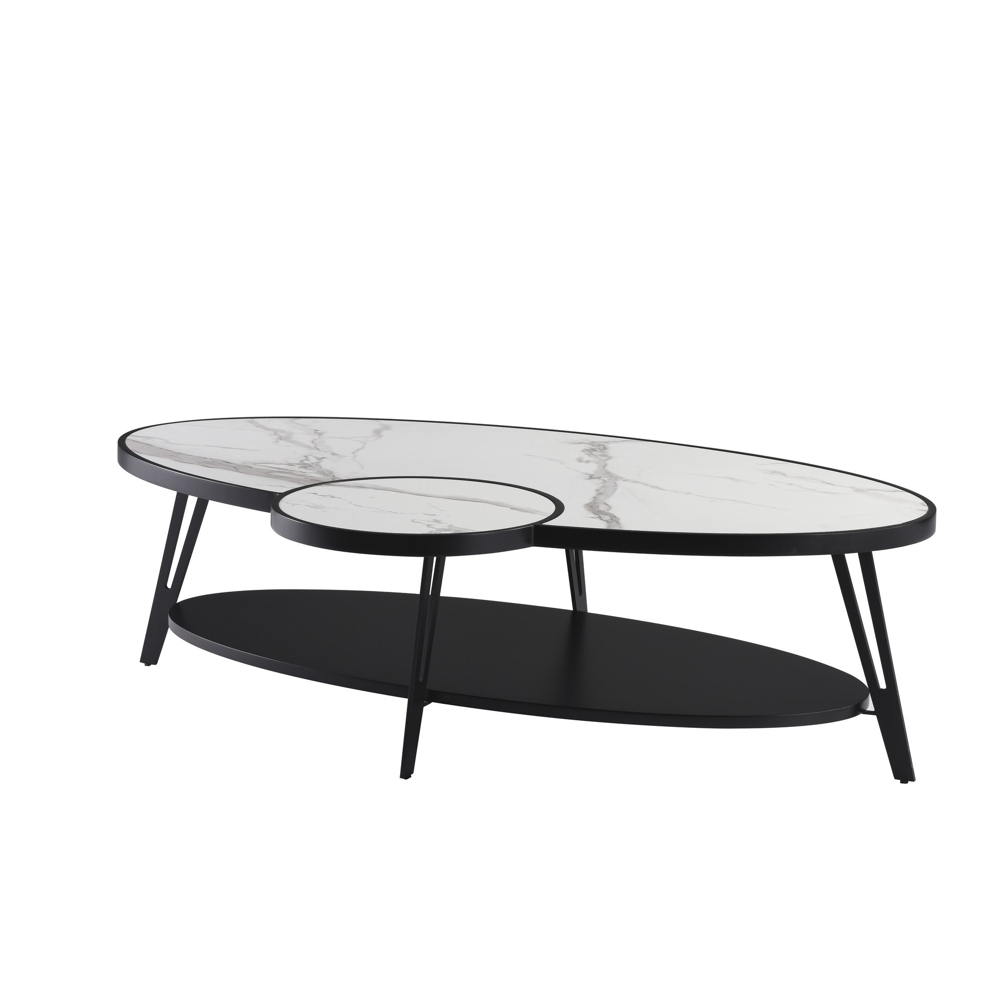 53" White and Black Sintered Stone and Iron Oval Coffee Table With Shelf - GreatEagleInc