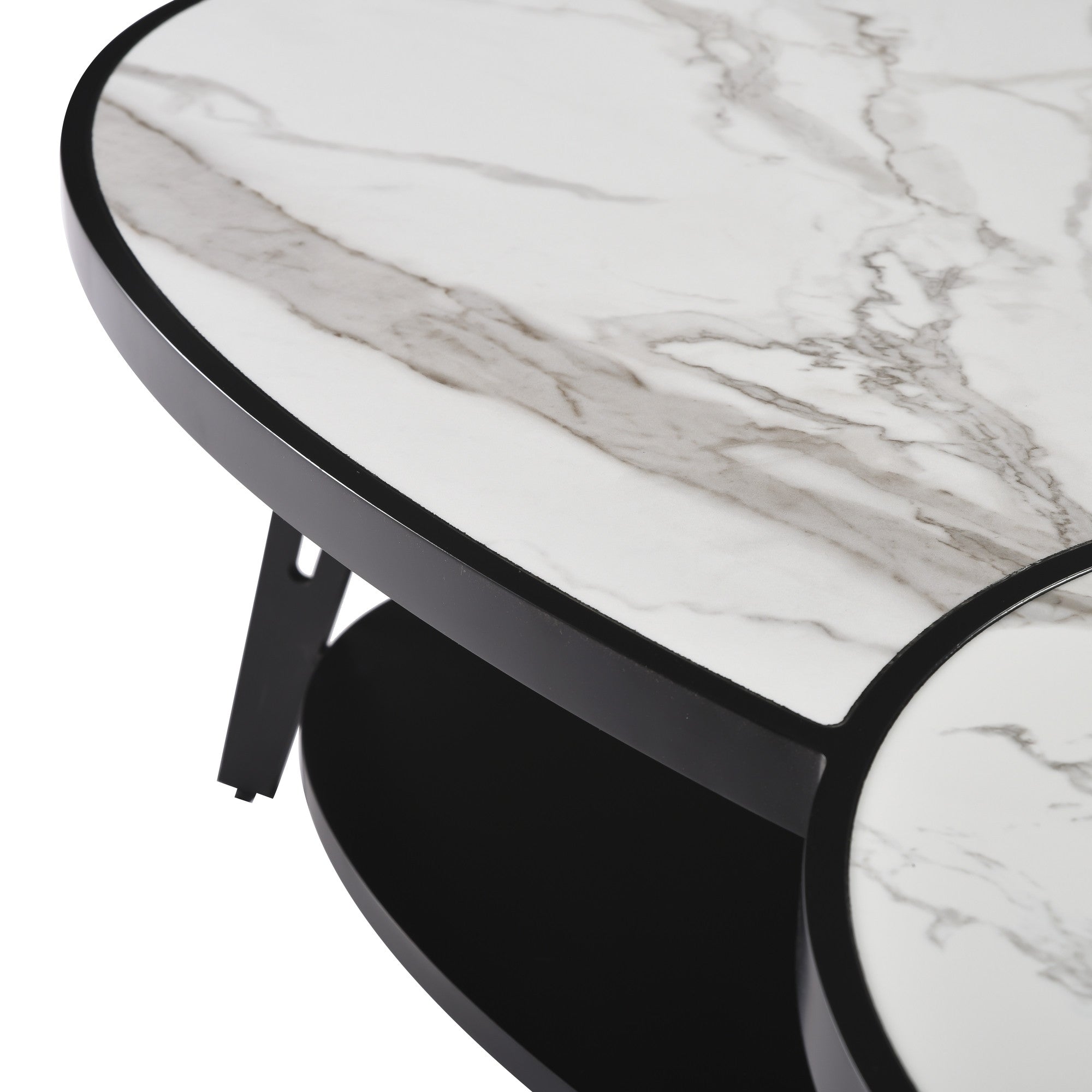 53" White and Black Sintered Stone and Iron Oval Coffee Table With Shelf - GreatEagleInc