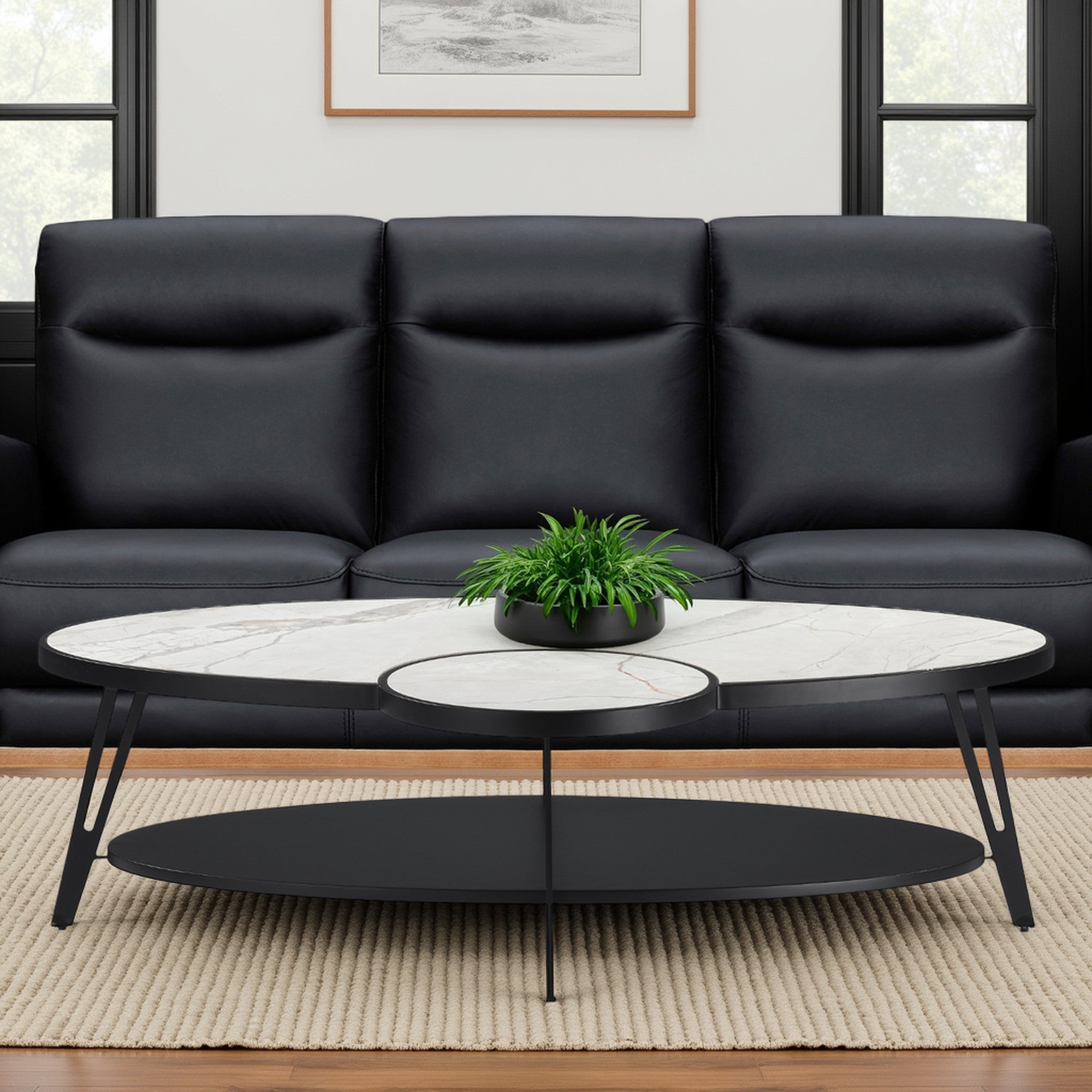 53" White and Black Sintered Stone and Iron Oval Coffee Table With Shelf - GreatEagleInc