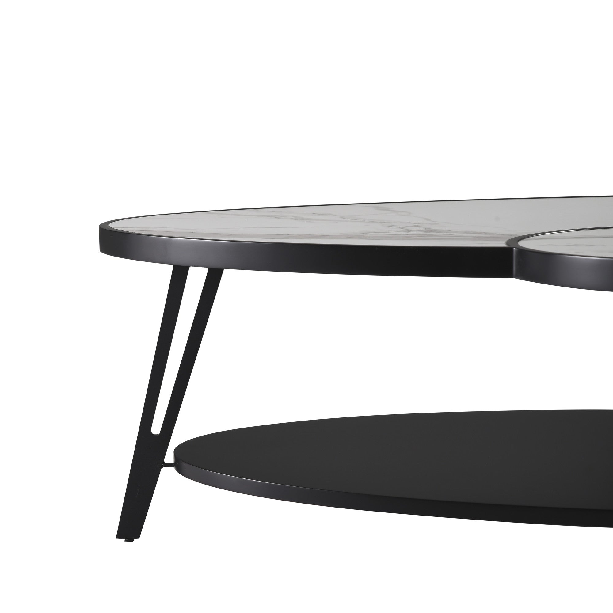 53" White and Black Sintered Stone and Iron Oval Coffee Table With Shelf - GreatEagleInc