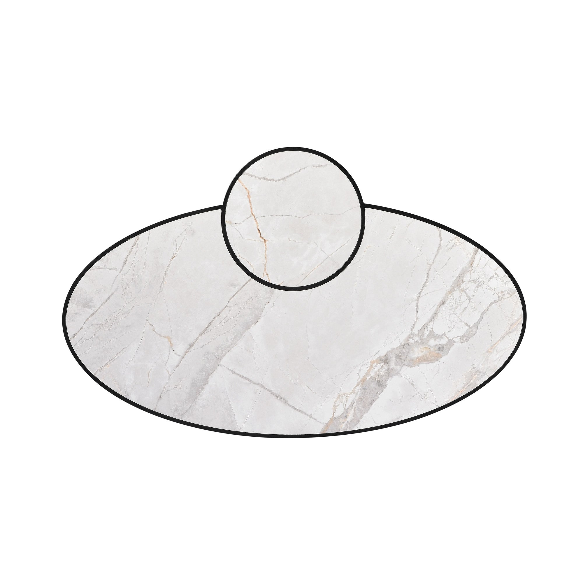53" White and Black Sintered Stone and Iron Oval Coffee Table With Shelf - GreatEagleInc
