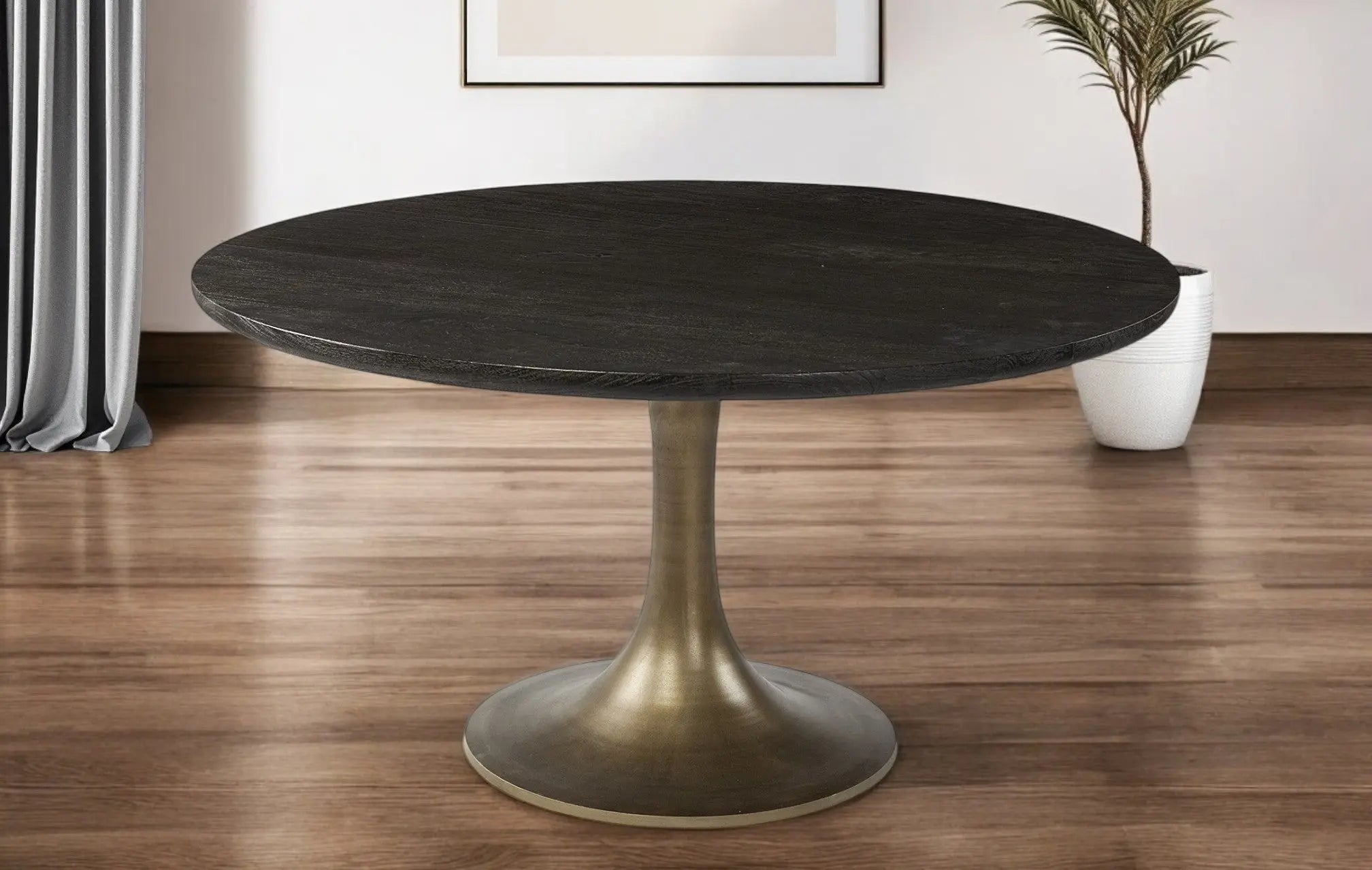 54" Black And Brass Rounded Solid Wood And Metal Pedestal Base Dining Table Homeroots Kitchen & Dining