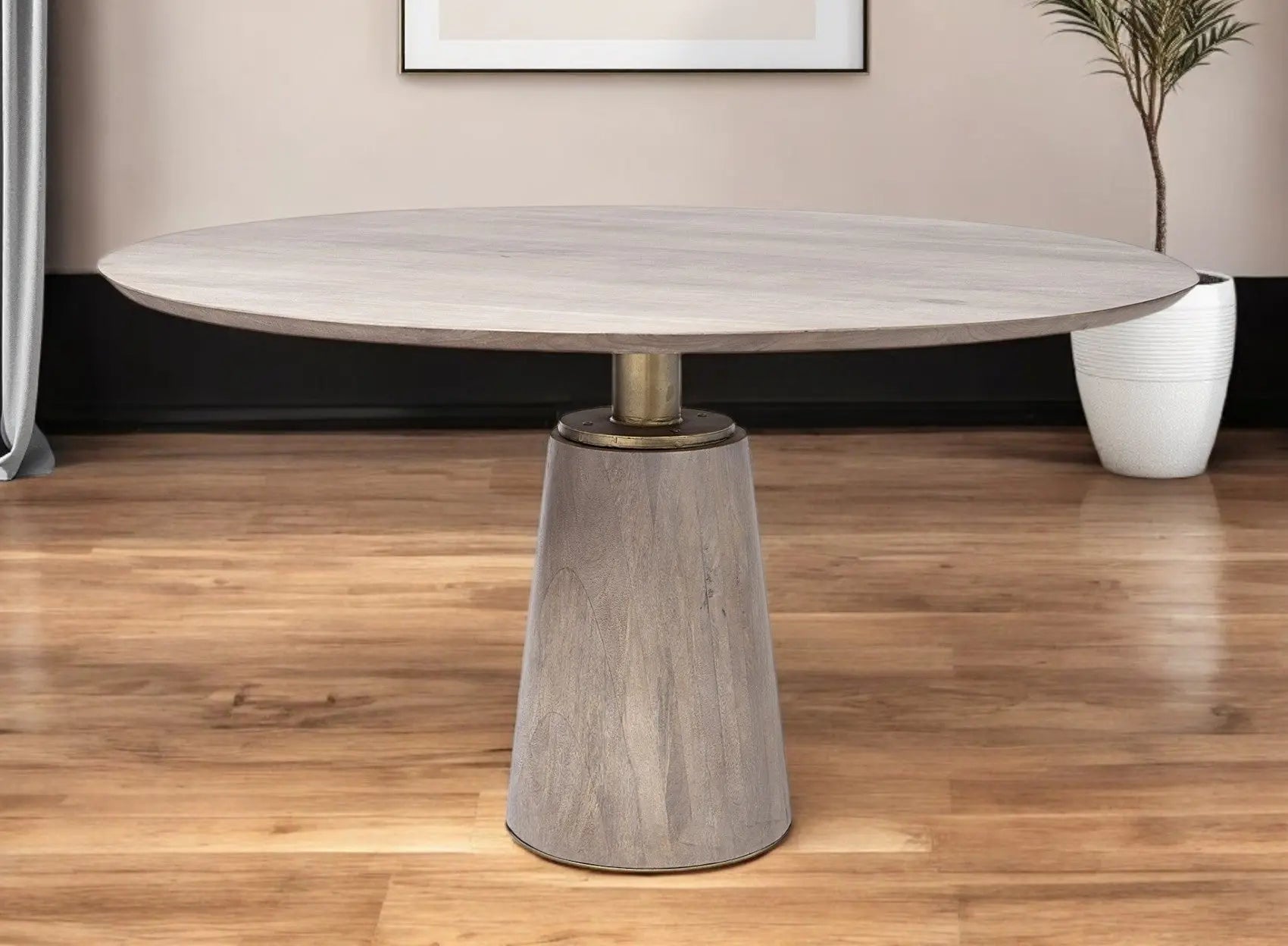 54" Brown And Gold Rounded Solid Wood And Metal Pedestal Base Dining Table Homeroots Kitchen & Dining