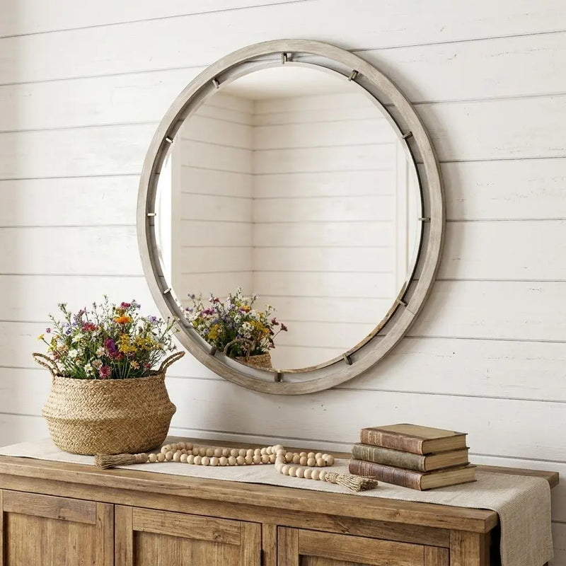 54" Brown Round Wood And Metal Framed Accent Mirror Homeroots Bed & Bath