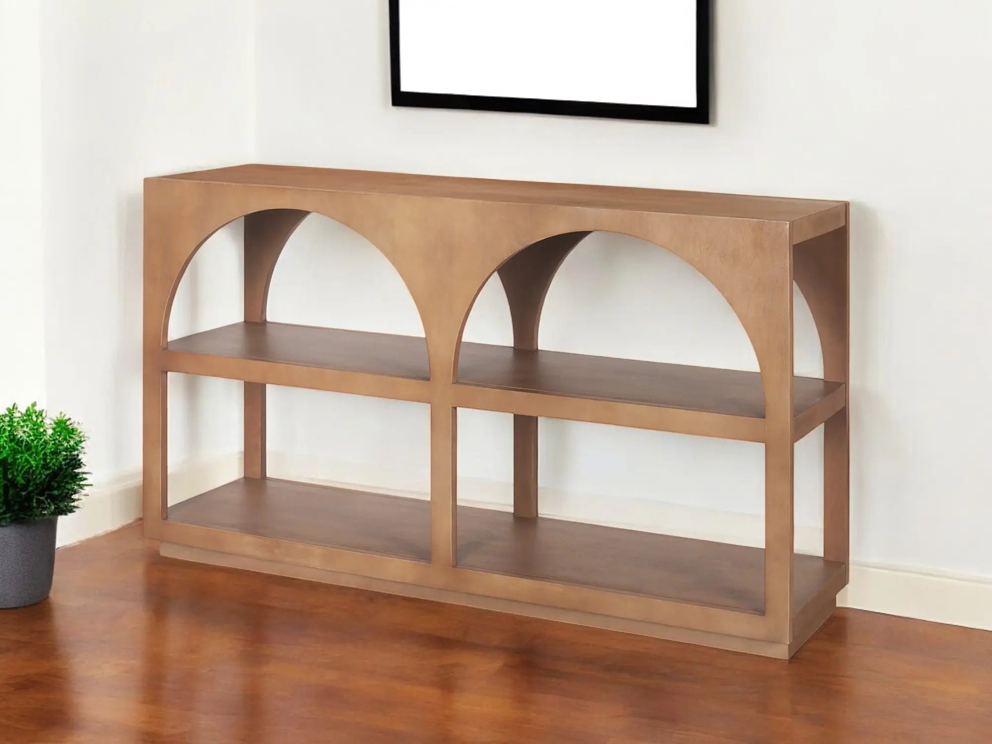54" Brown Solid Wood Floor Shelf Console Table With Two Shelves Homeroots Living Room
