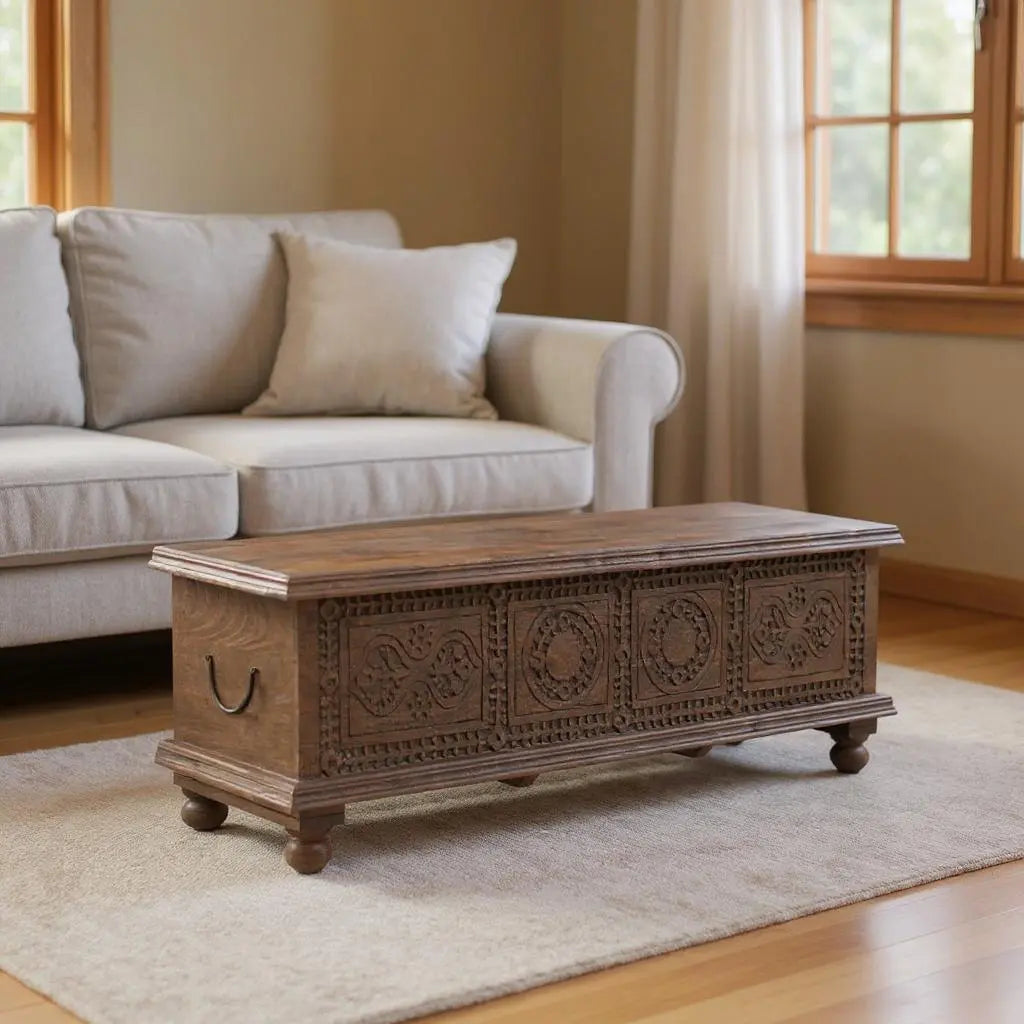 54" Brown Solid Wood Medallion Storage Ottoman Homeroots Living Room