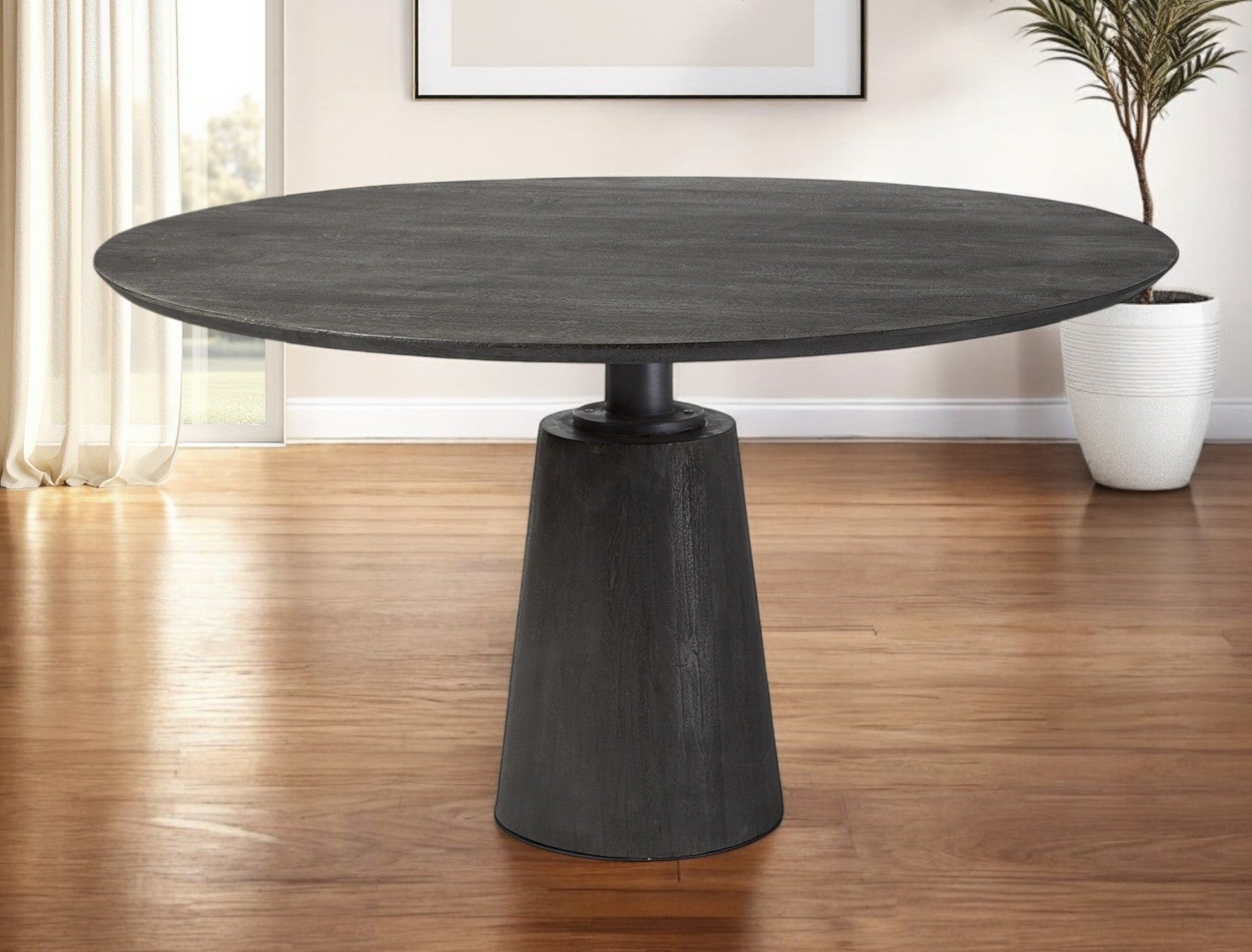 54" Brown Rounded Solid Wood And Metal Pedestal Base Dining Table - GreatEagleInc