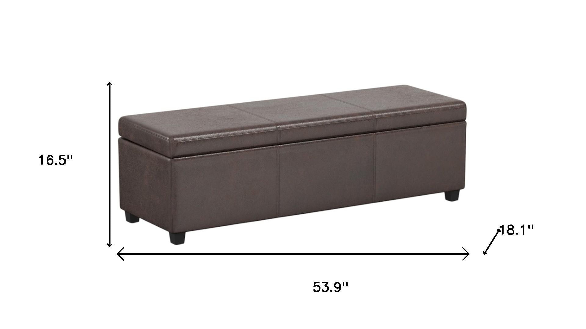 54" Brown and Dark Brown Faux Leather and Solid Wood Upholstered Distressed Storage Bench With Flip Top Homeroots Living Room