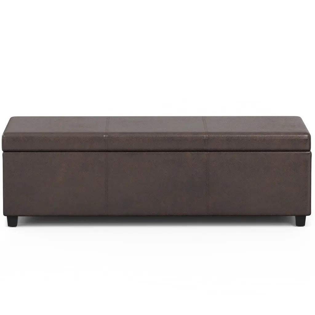54" Brown and Dark Brown Faux Leather and Solid Wood Upholstered Distressed Storage Bench With Flip Top Homeroots Living Room