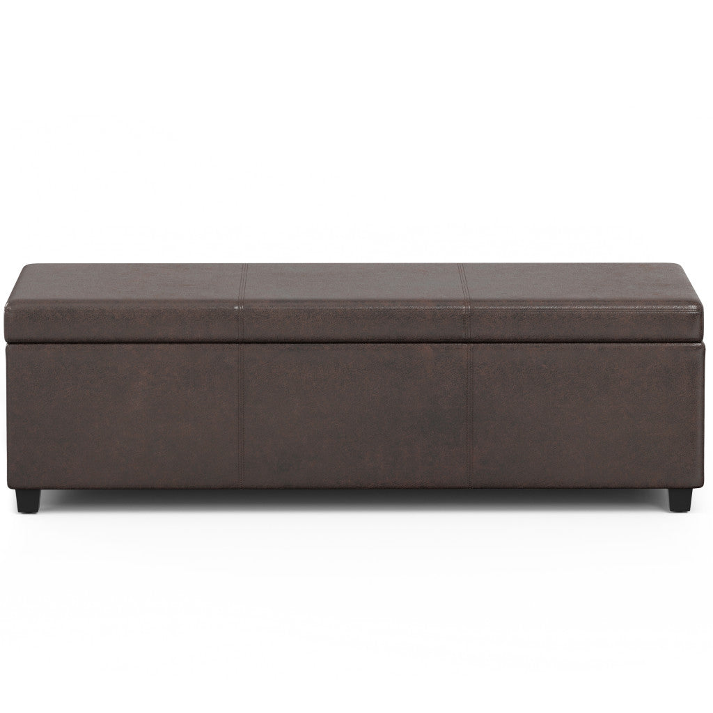 54" Brown and Dark Brown Faux Leather and Solid Wood Upholstered Distressed Storage Bench With Flip Top Homeroots Living Room