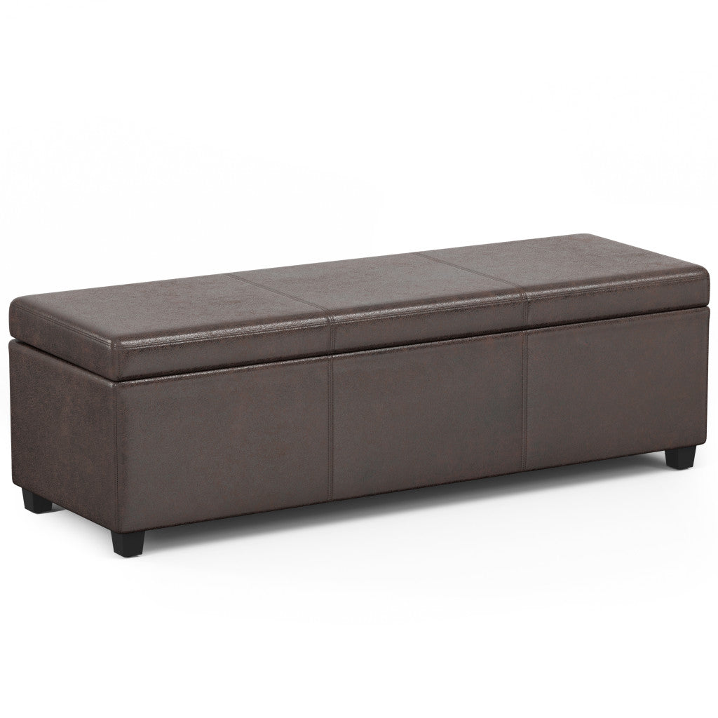 54" Brown and Dark Brown Faux Leather and Solid Wood Upholstered Distressed Storage Bench With Flip Top Homeroots Living Room