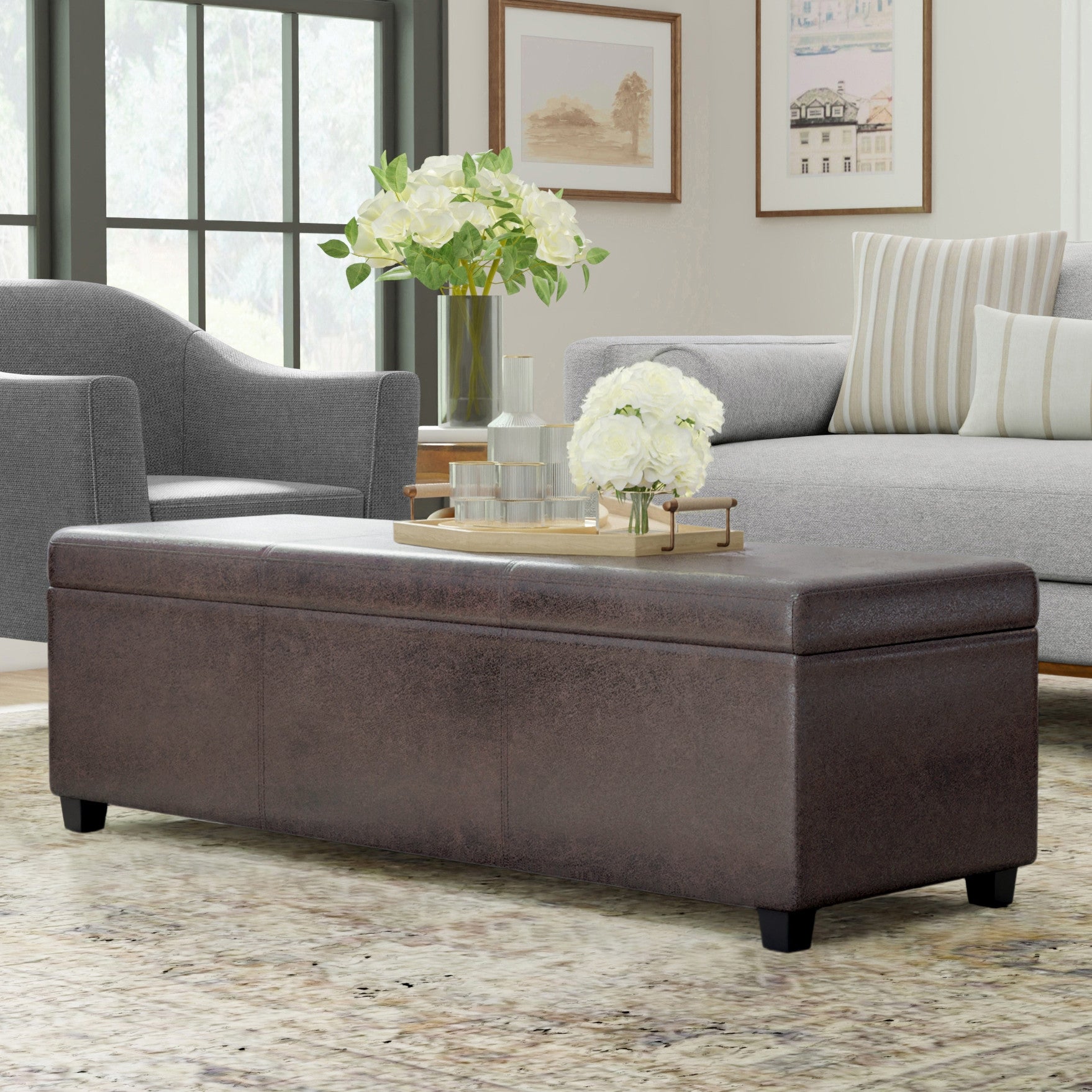 54" Brown and Dark Brown Faux Leather and Solid Wood Upholstered Distressed Storage Bench With Flip Top Homeroots Living Room