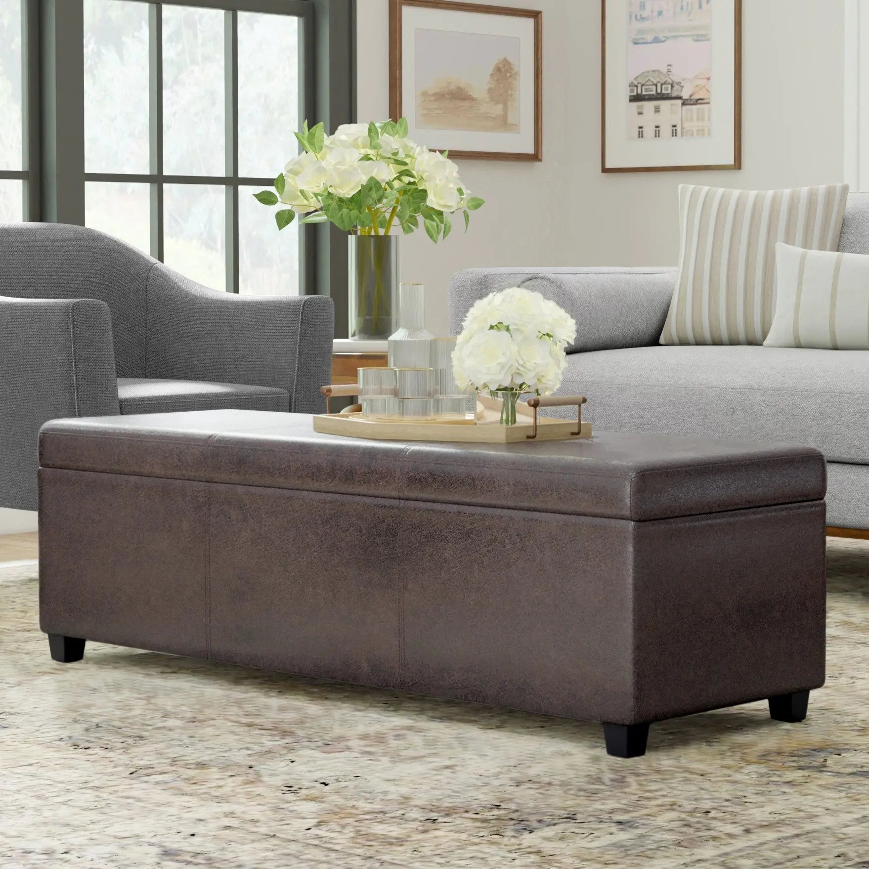 54" Brown and Dark Brown Faux Leather and Solid Wood Upholstered Distressed Storage Bench With Flip Top Homeroots Living Room