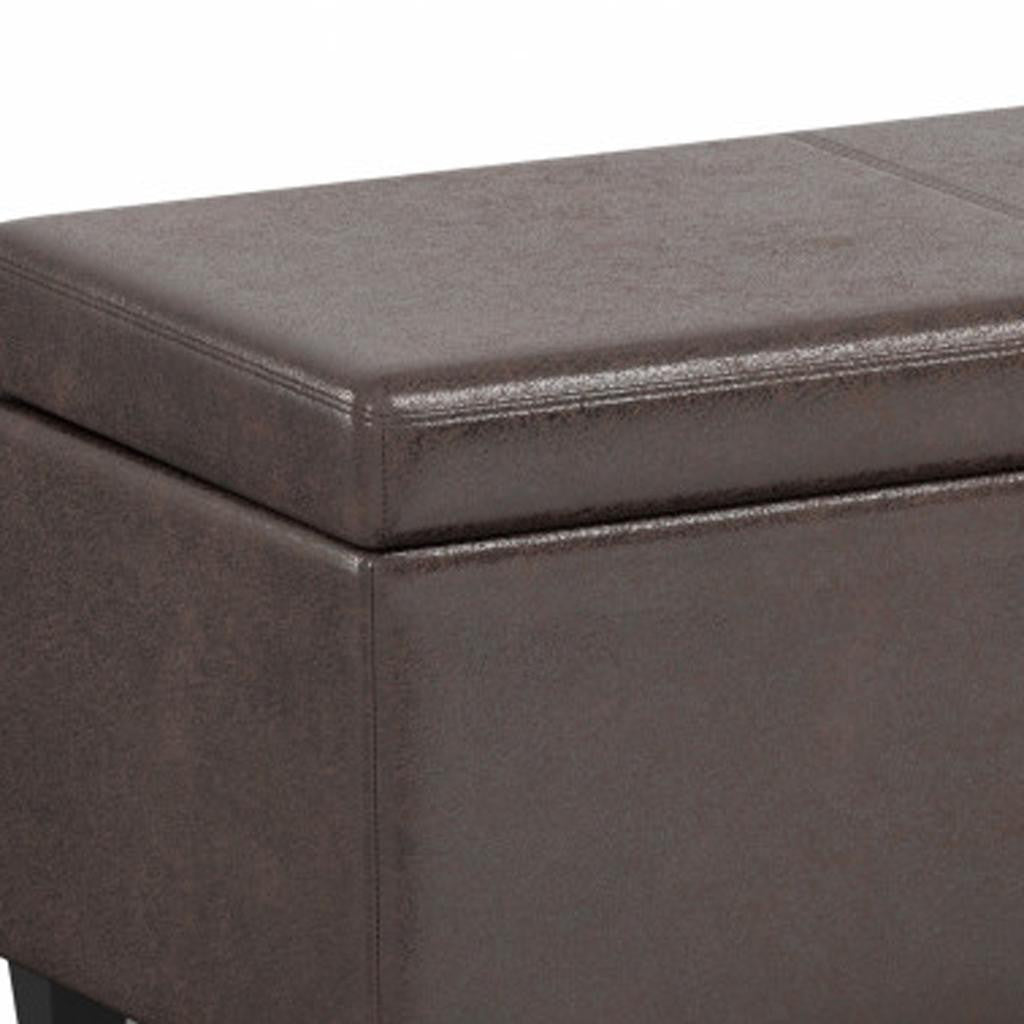 54" Brown and Dark Brown Faux Leather and Solid Wood Upholstered Distressed Storage Bench With Flip Top Homeroots Living Room