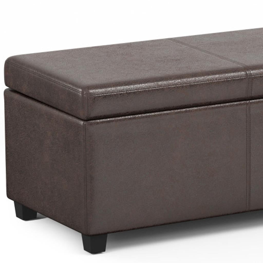 54" Brown and Dark Brown Faux Leather and Solid Wood Upholstered Distressed Storage Bench With Flip Top Homeroots Living Room