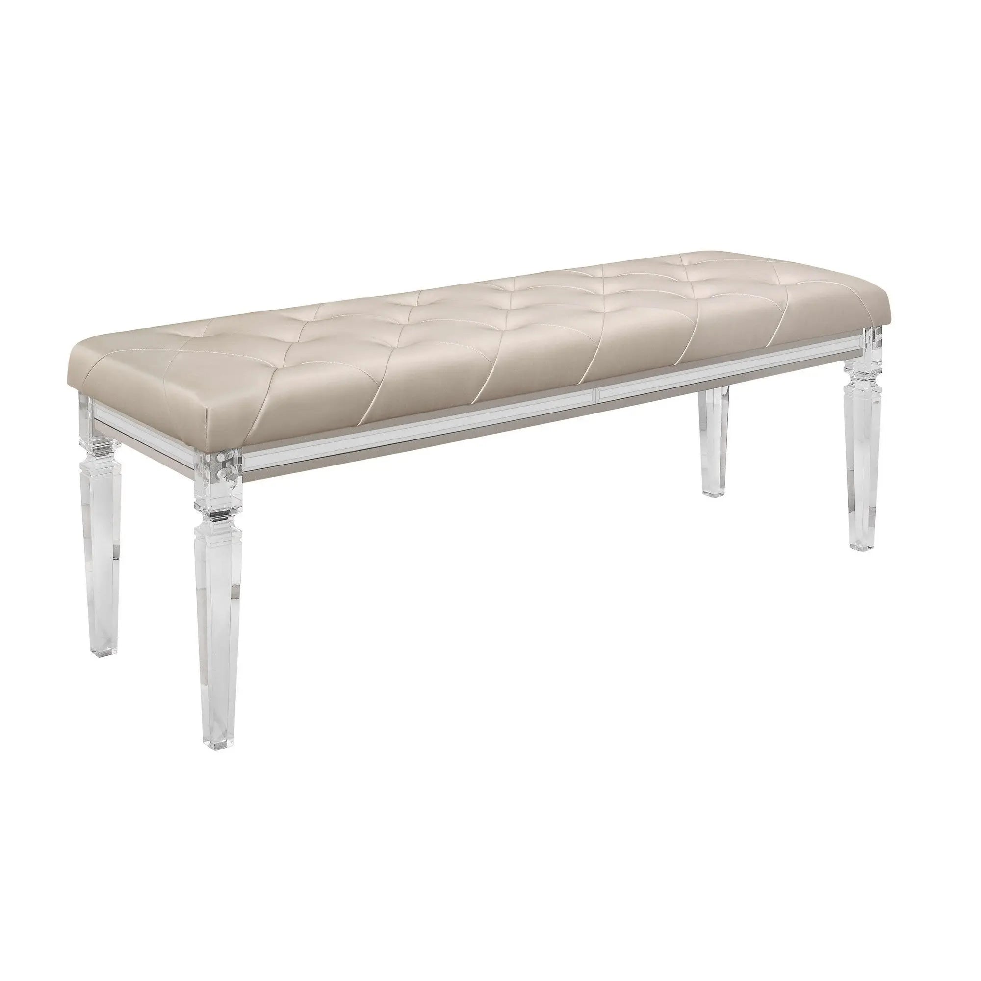 54" Champagne and Clear Upholstered Faux Leather Bench Homeroots Living Room