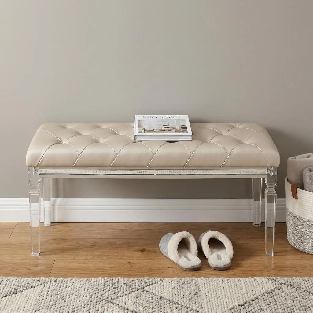 54" Champagne and Clear Upholstered Faux Leather Bench Homeroots Living Room