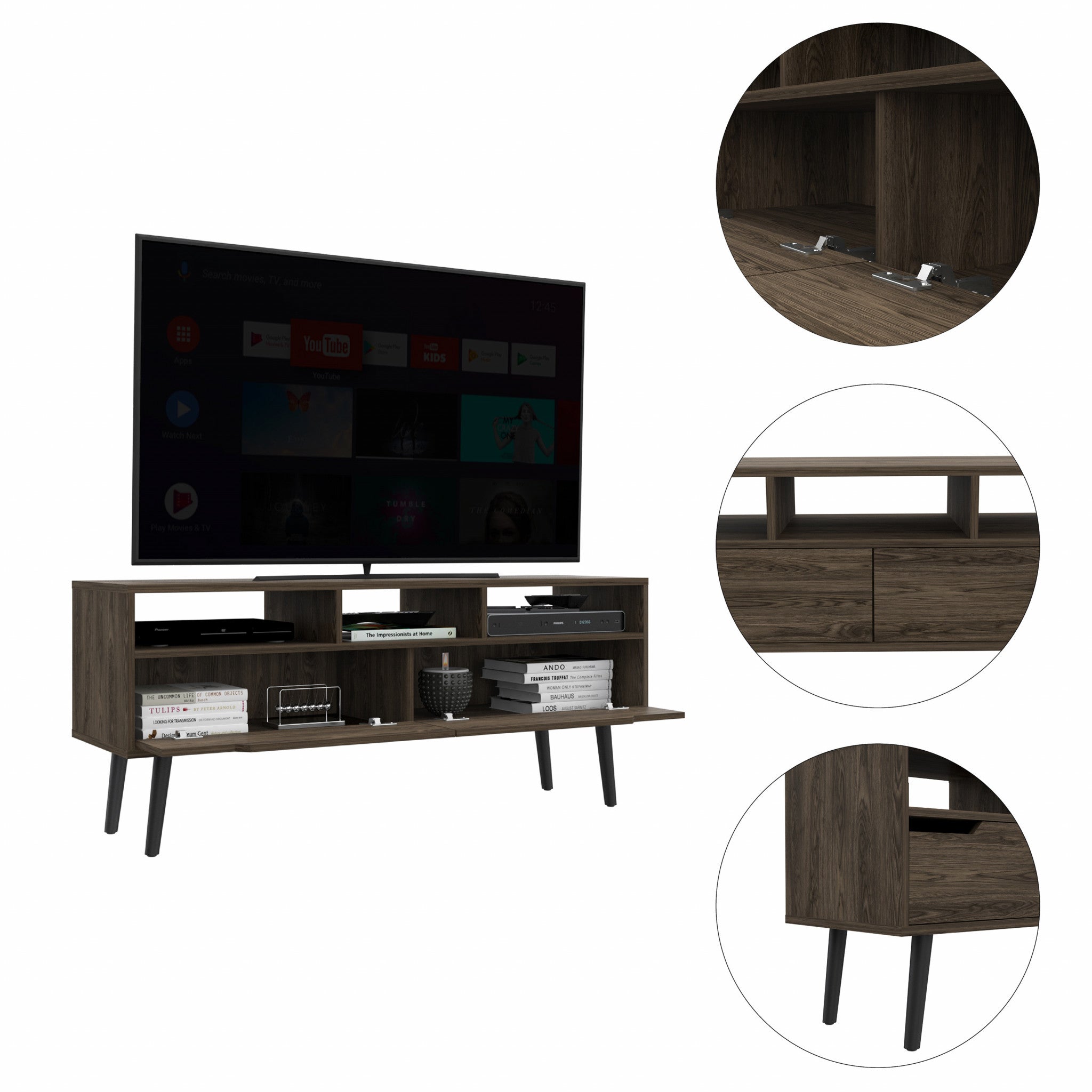 54" Dark Brown Walnut Enclosed and Open Storage TV Stand - GreatEagleInc