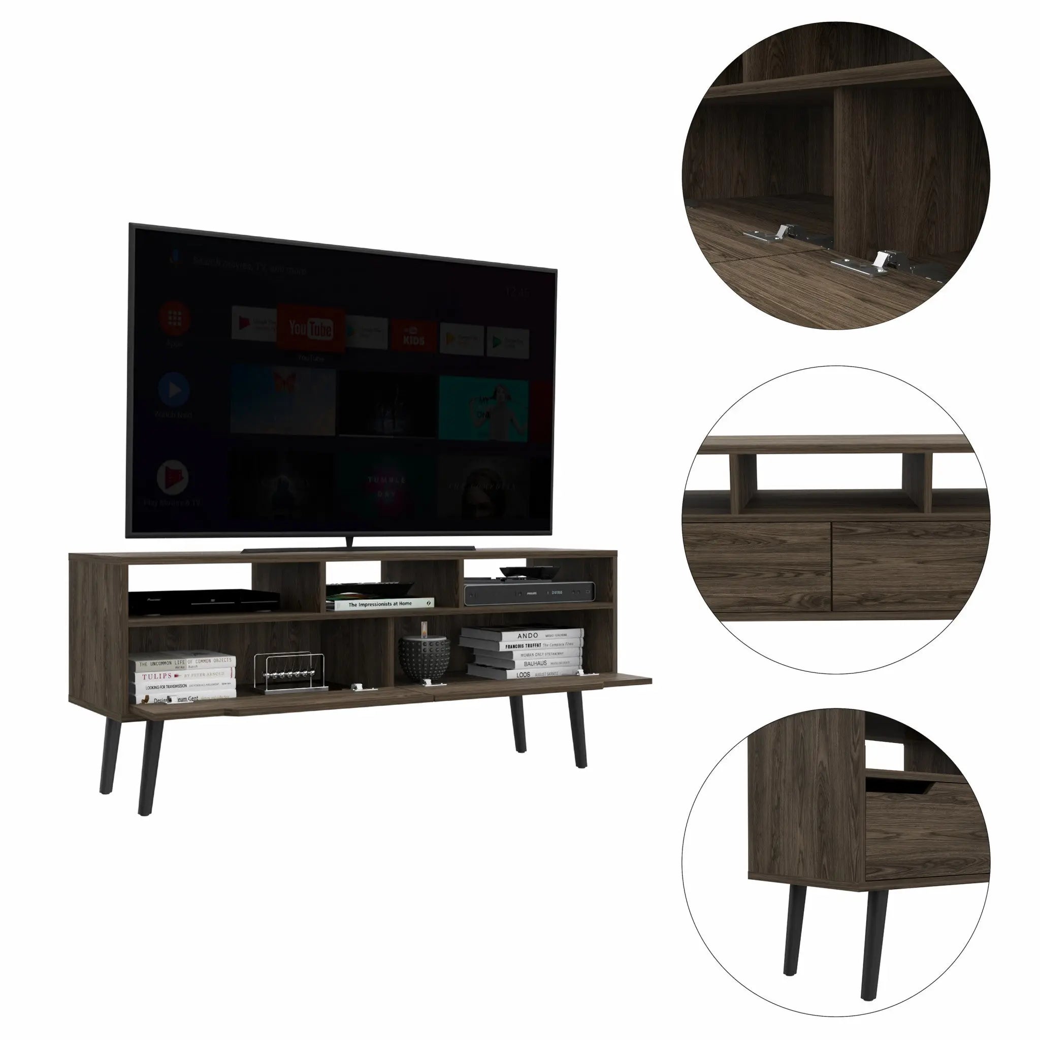 54" Dark Brown Walnut Enclosed and Open Storage TV Stand - GreatEagleInc