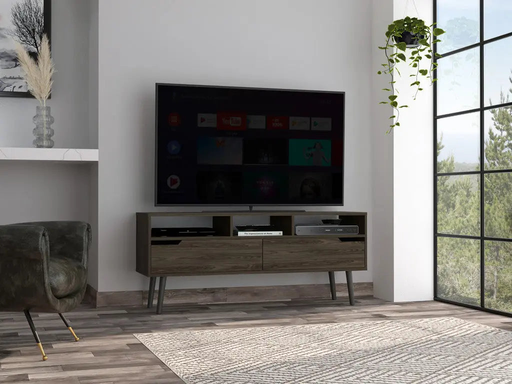 54" Dark Brown Walnut Enclosed and Open Storage TV Stand - GreatEagleInc