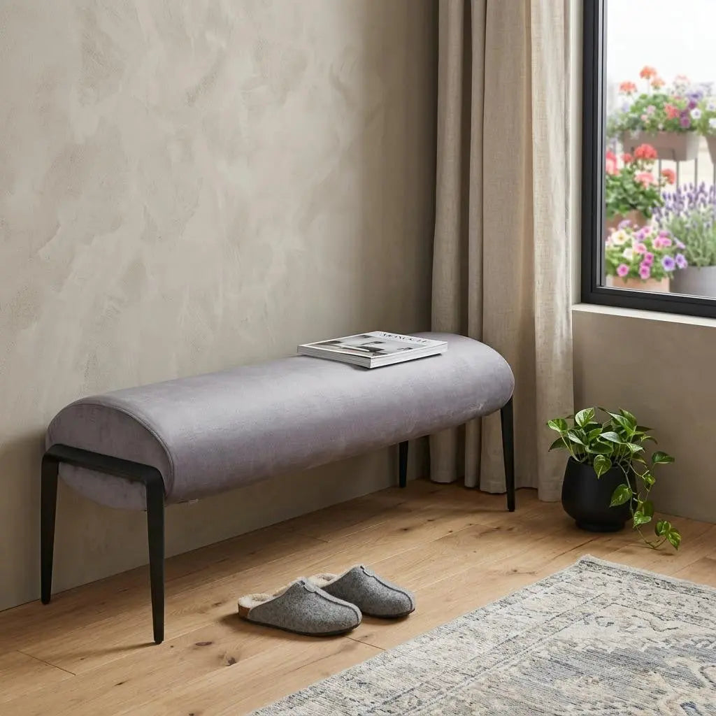 54" Gray and Black Velvet and Steel Upholstered Specialty Bench Homeroots Living Room