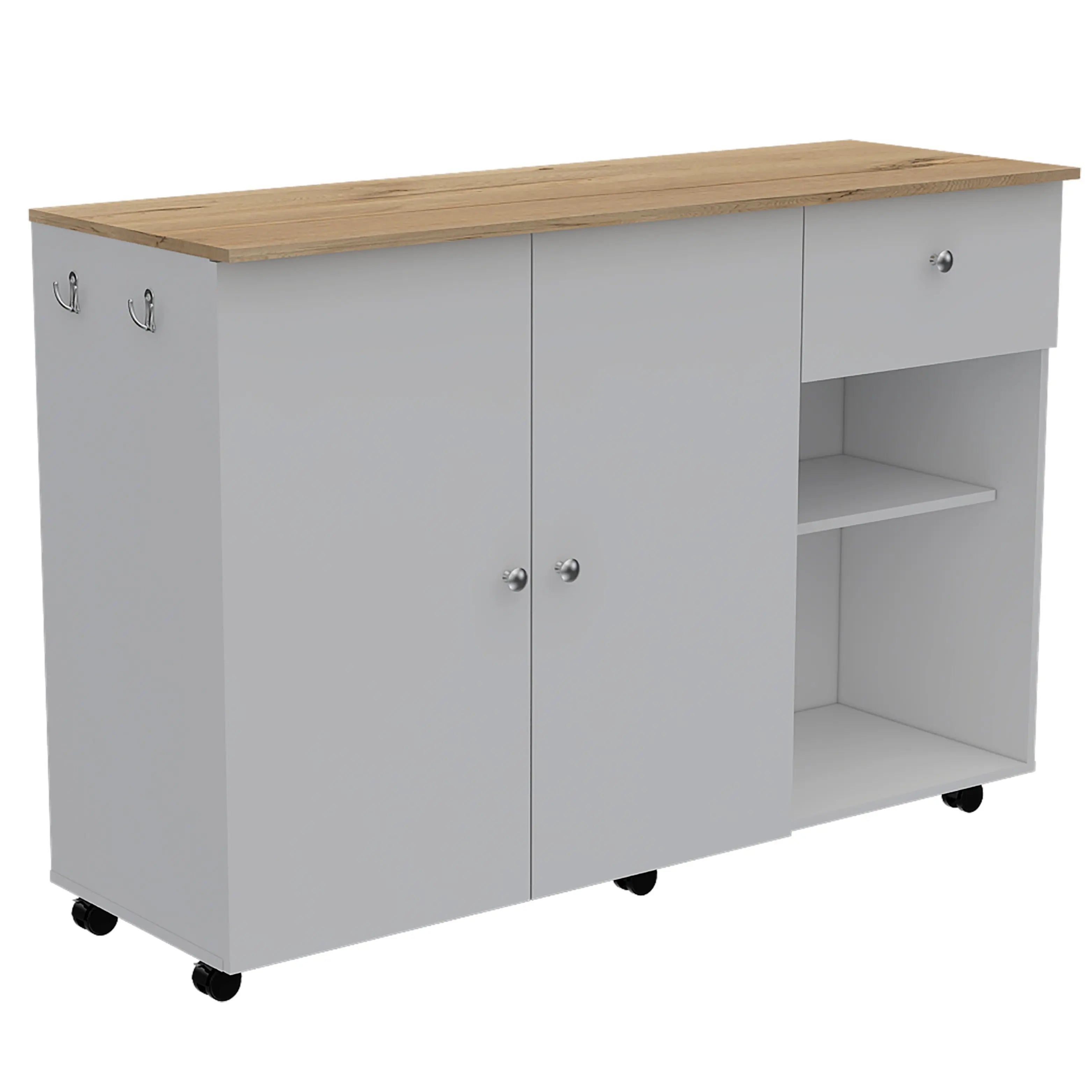54" Oak and White Wood Flat Door Rolling Kitchen Island Set With Storage Homeroots Kitchen & Dining