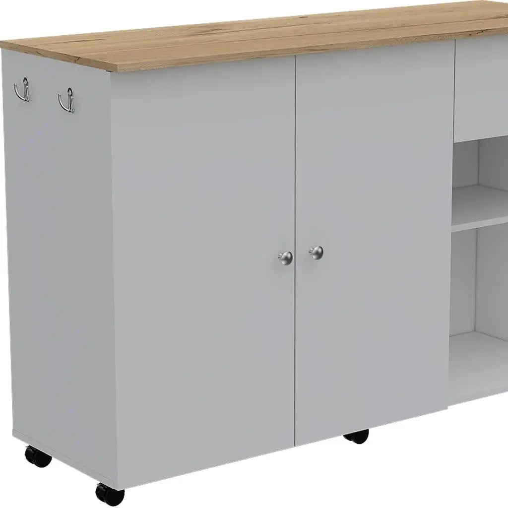 54" Oak and White Wood Flat Door Rolling Kitchen Island Set With Storage Homeroots Kitchen & Dining
