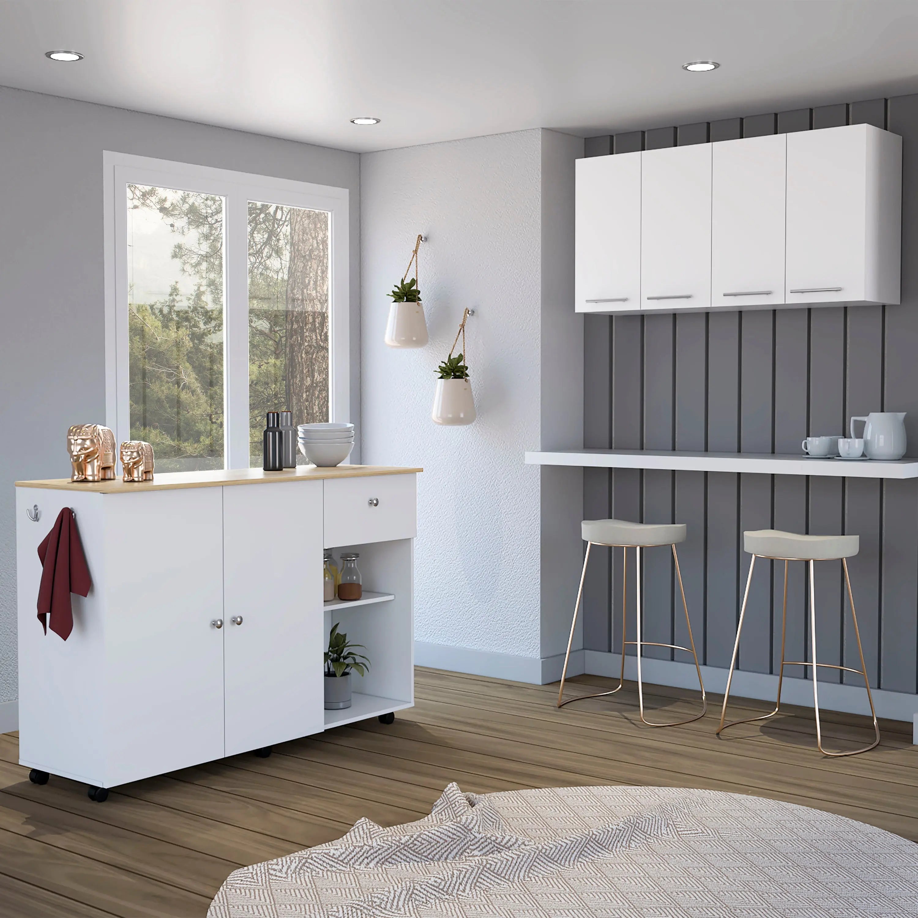 54" Oak and White Wood Flat Door Rolling Kitchen Island Set With Storage Homeroots Kitchen & Dining