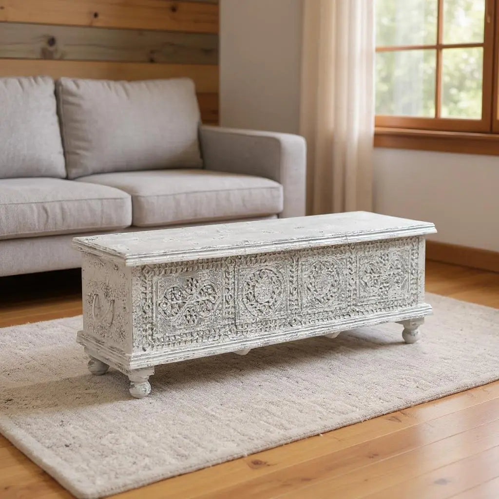 54" White Solid Wood Medallion Storage Ottoman Homeroots Living Room