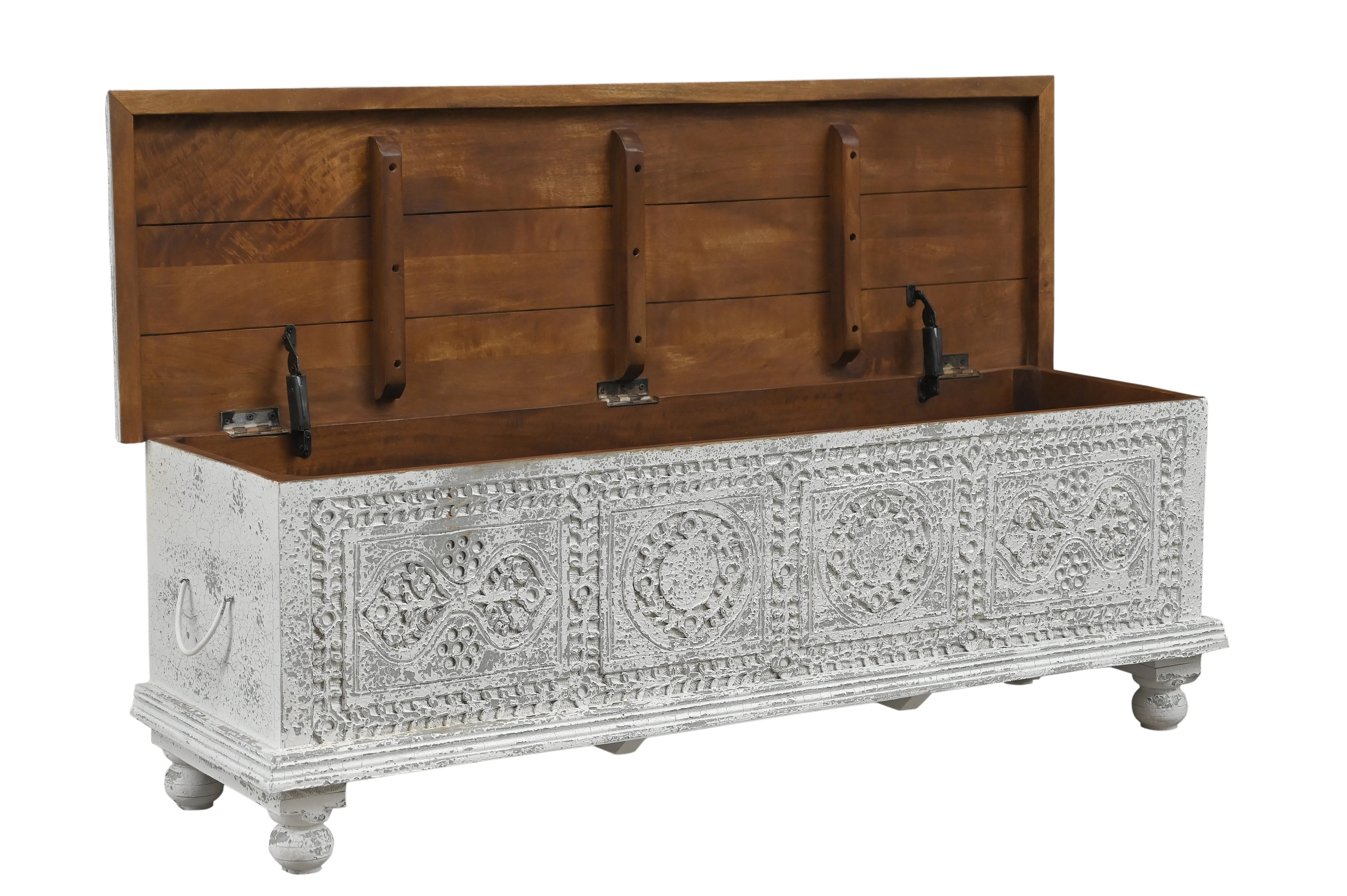54" White Solid Wood Medallion Storage Ottoman Homeroots Living Room