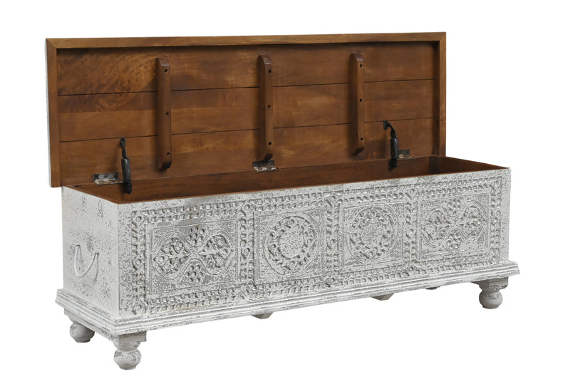 54" White Solid Wood Medallion Storage Ottoman Homeroots Living Room