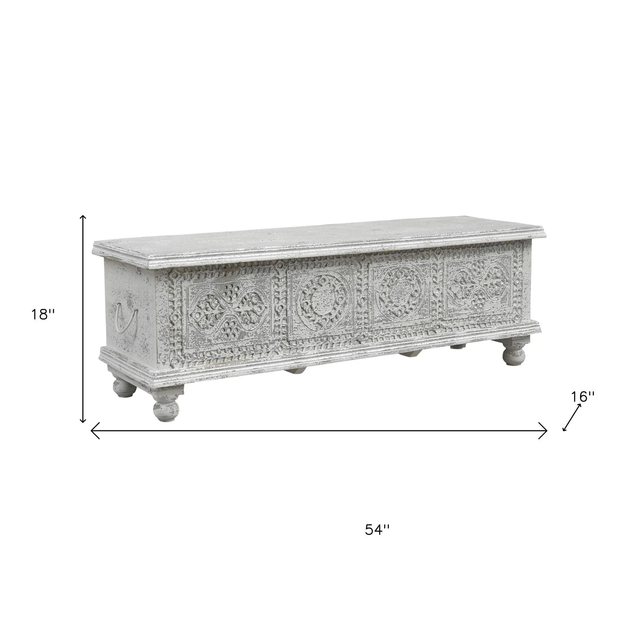 54" White Solid Wood Medallion Storage Ottoman Homeroots Living Room