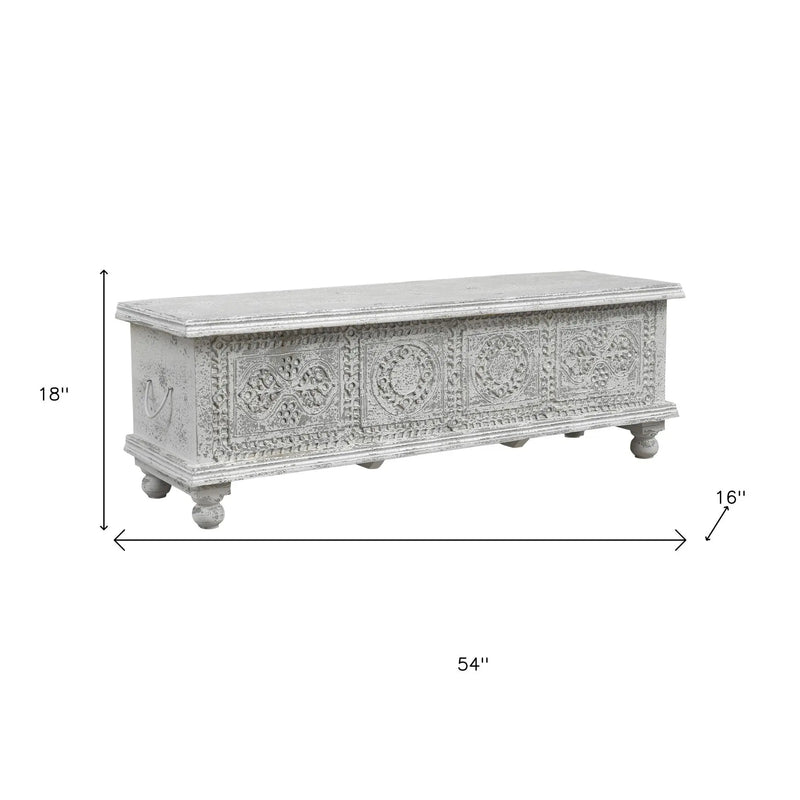 54" White Solid Wood Medallion Storage Ottoman Homeroots Living Room