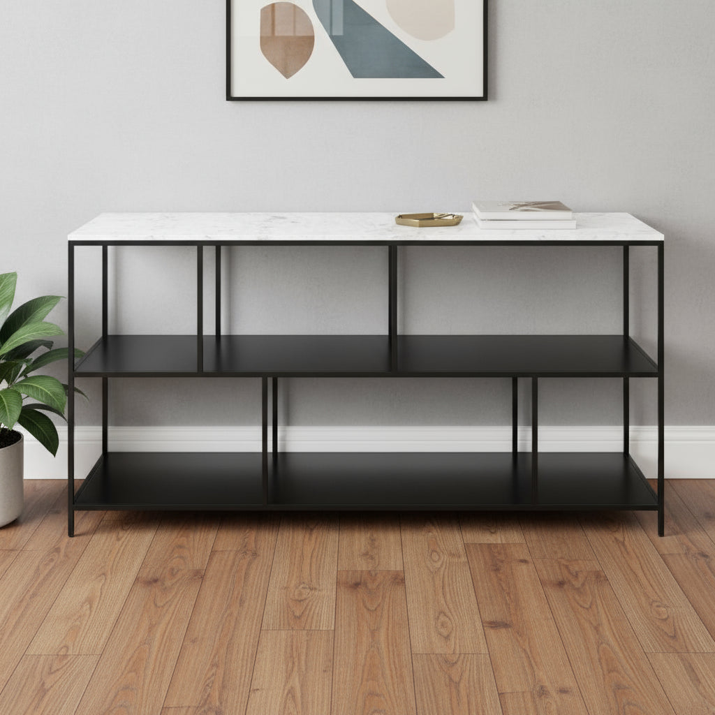 54" White and Black Genuine Marble and Steel Frame Console Table With Two Shelves Homeroots Living Room
