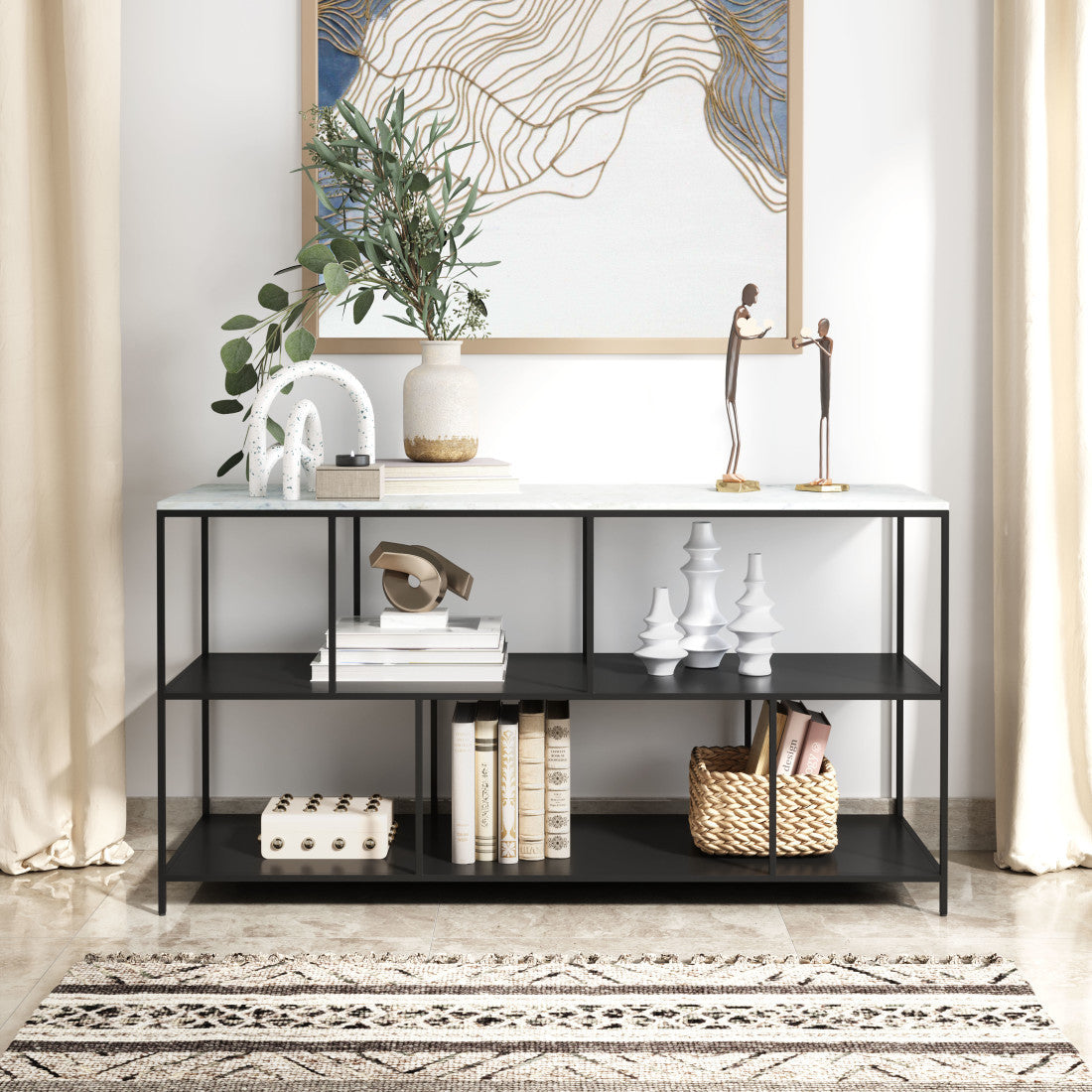 54" White and Black Genuine Marble and Steel Frame Console Table With Two Shelves Homeroots Living Room
