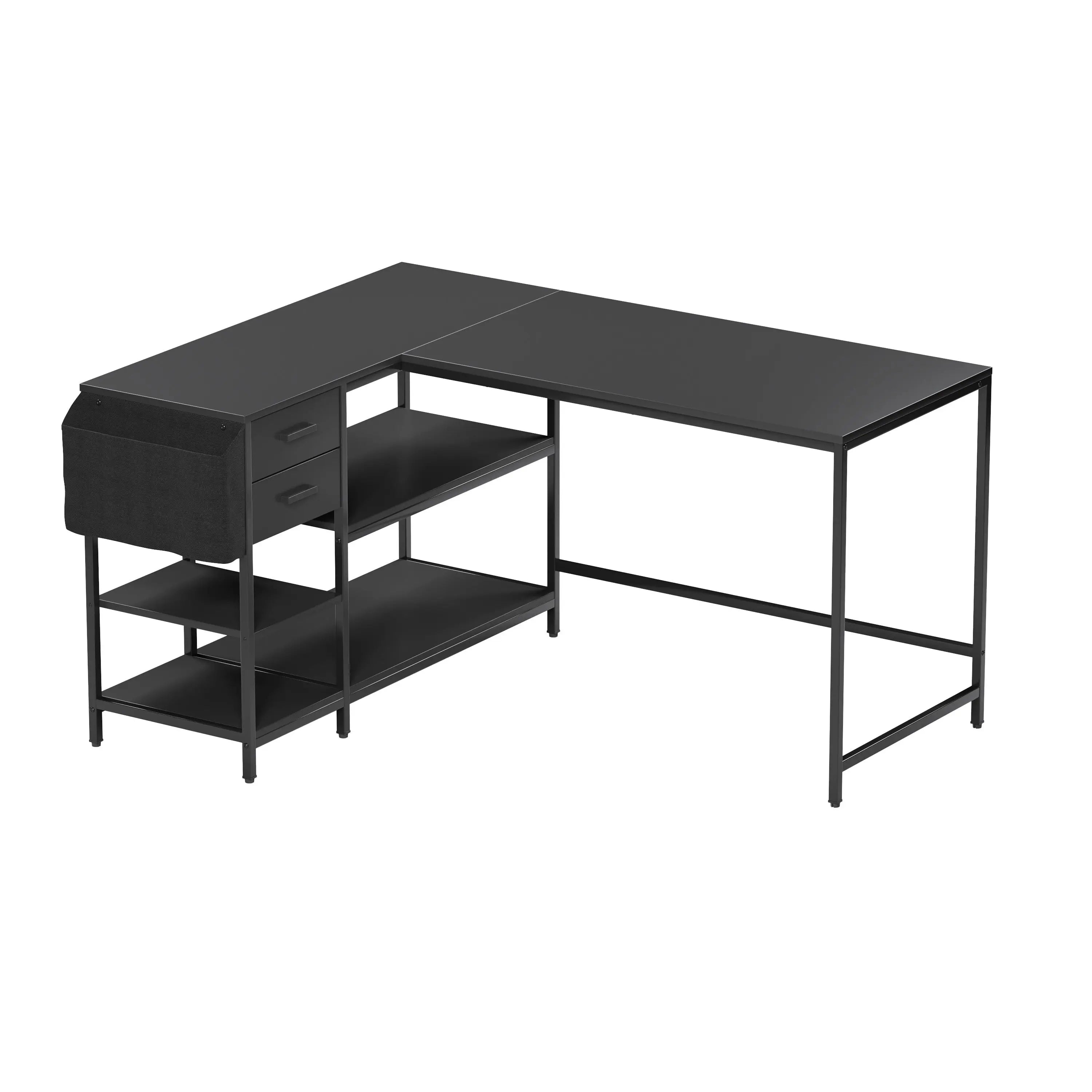 55" Black Wood and Stainless Steel L Shape Computer Desk Homeroots